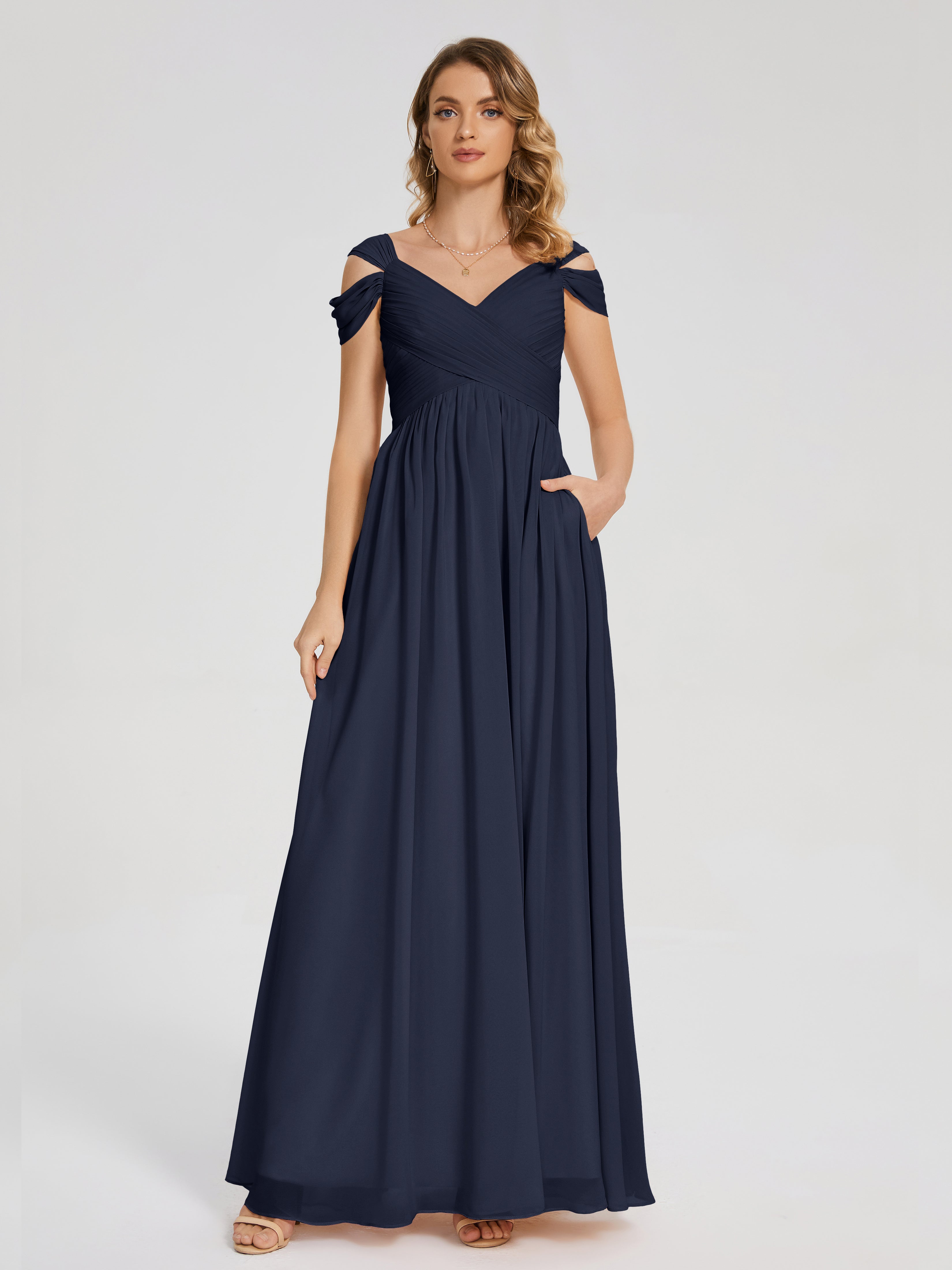 Demoiselle D'Honneur Bleu Marine Fendue Col V Dos En V Mousseline Robes Demoiselle D'Honneur