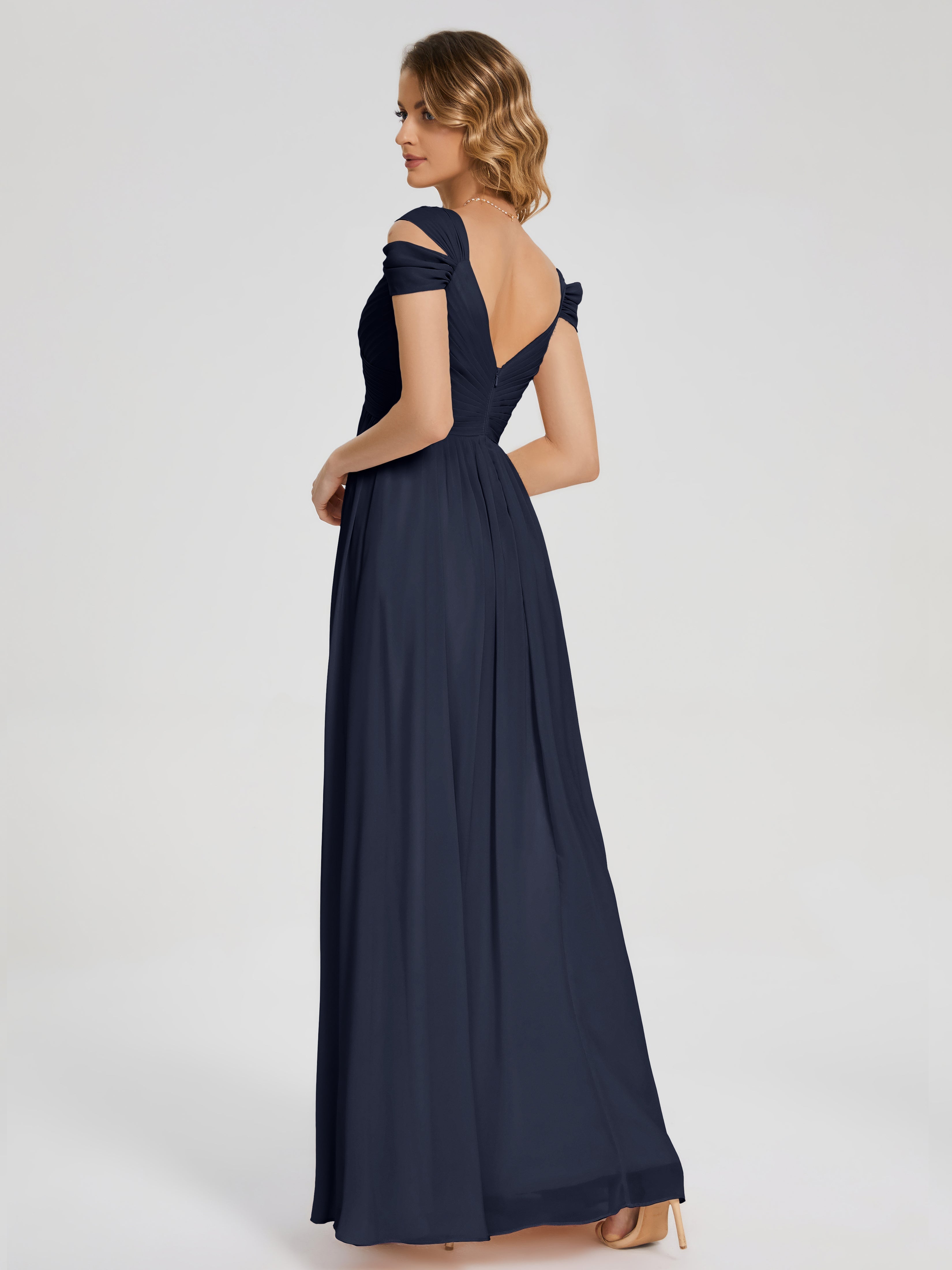 Demoiselle D'Honneur Bleu Marine Fendue Col V Dos En V Mousseline Robes Demoiselle D'Honneur