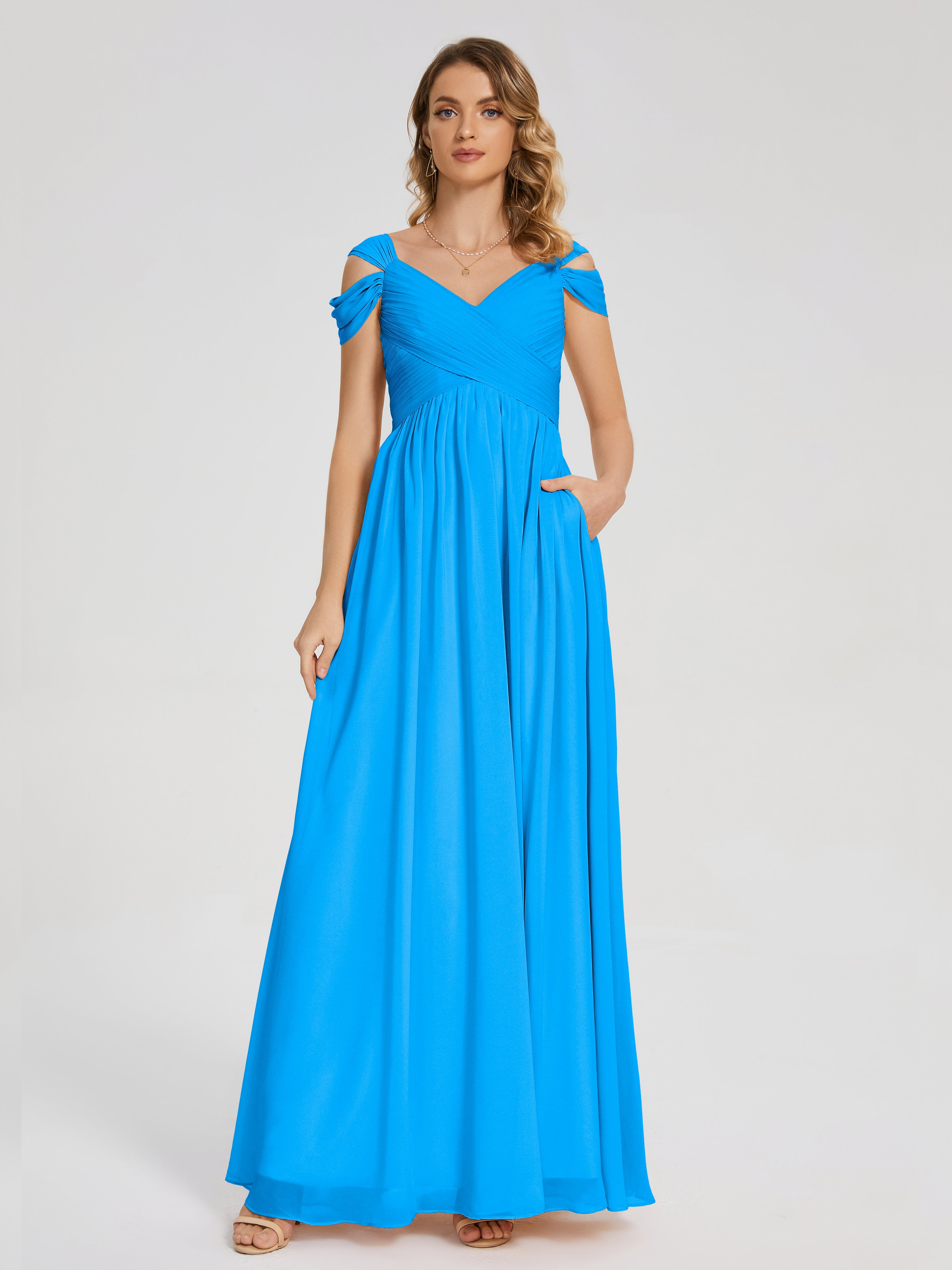 Robes De Demoiselle D'Honneur Bleu Océan Fendue Col V Dos En V Mousseline Robes Demoiselle D'Honneur