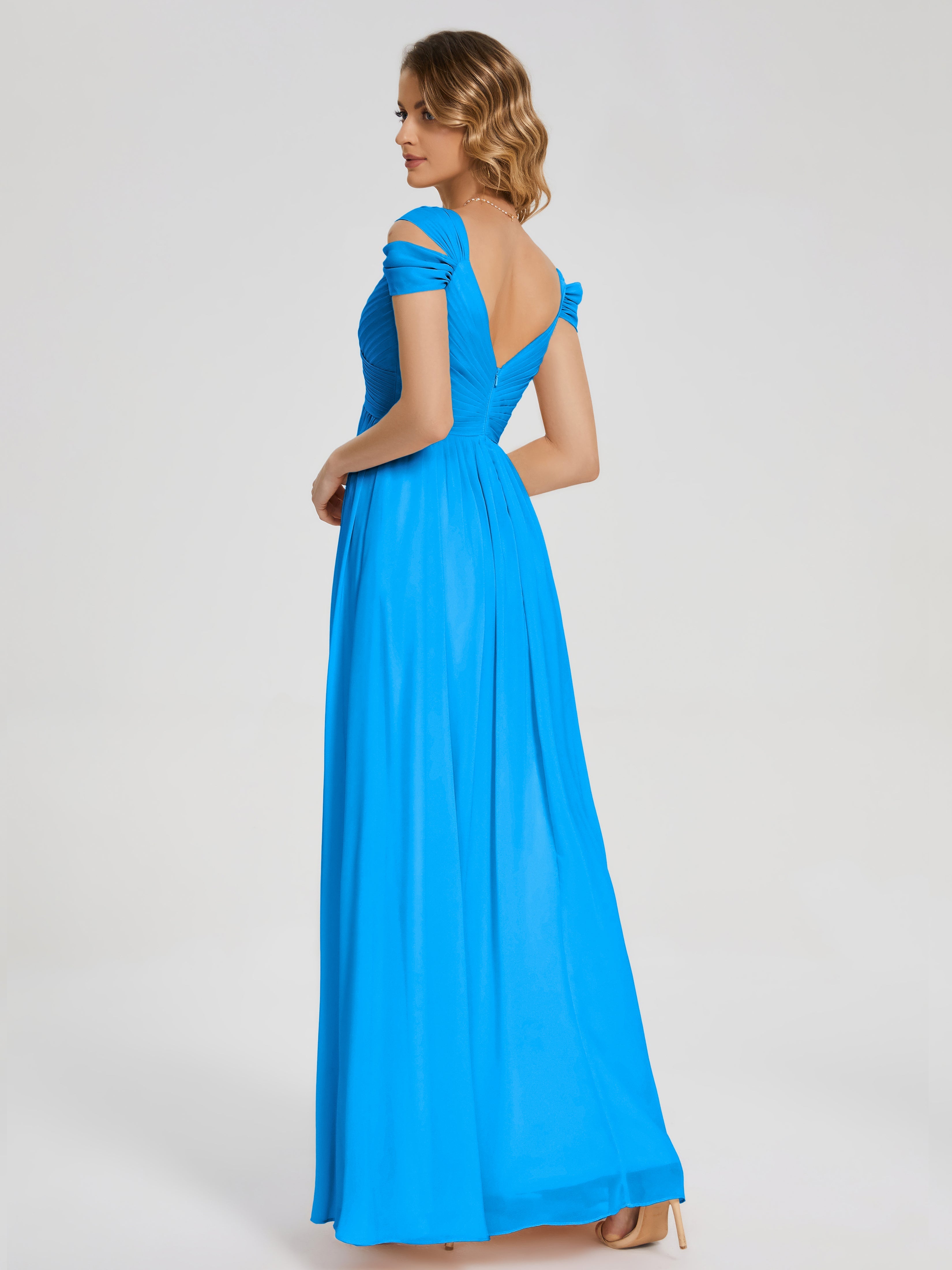 Robes De Demoiselle D'Honneur Bleu Océan Fendue Col V Dos En V Mousseline Robes Demoiselle D'Honneur