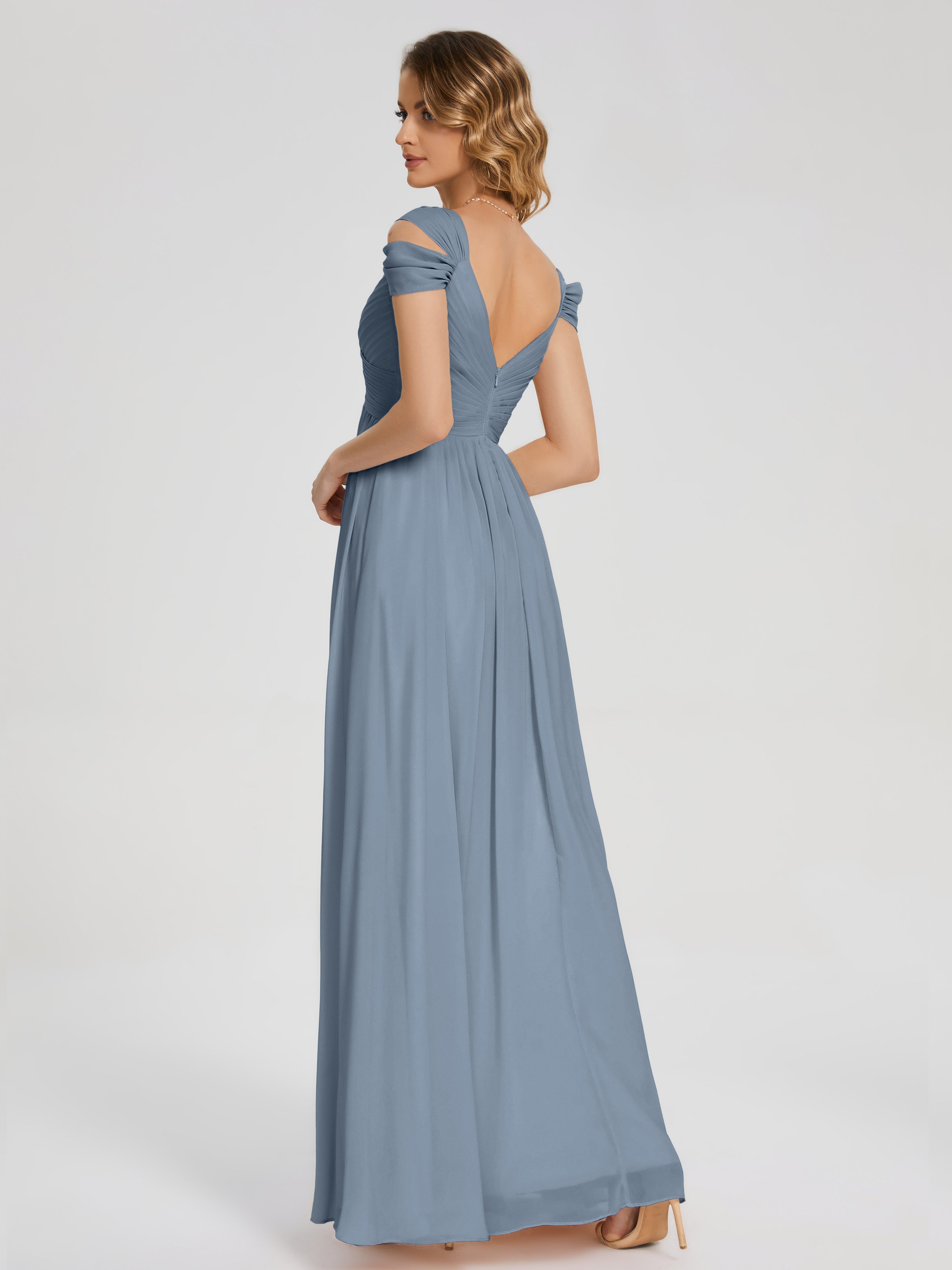 Robes De Demoiselle D'Honneur Bleu Poussiéreux Fendue Col V Dos En V Mousseline Robes Demoiselle D'Honneur