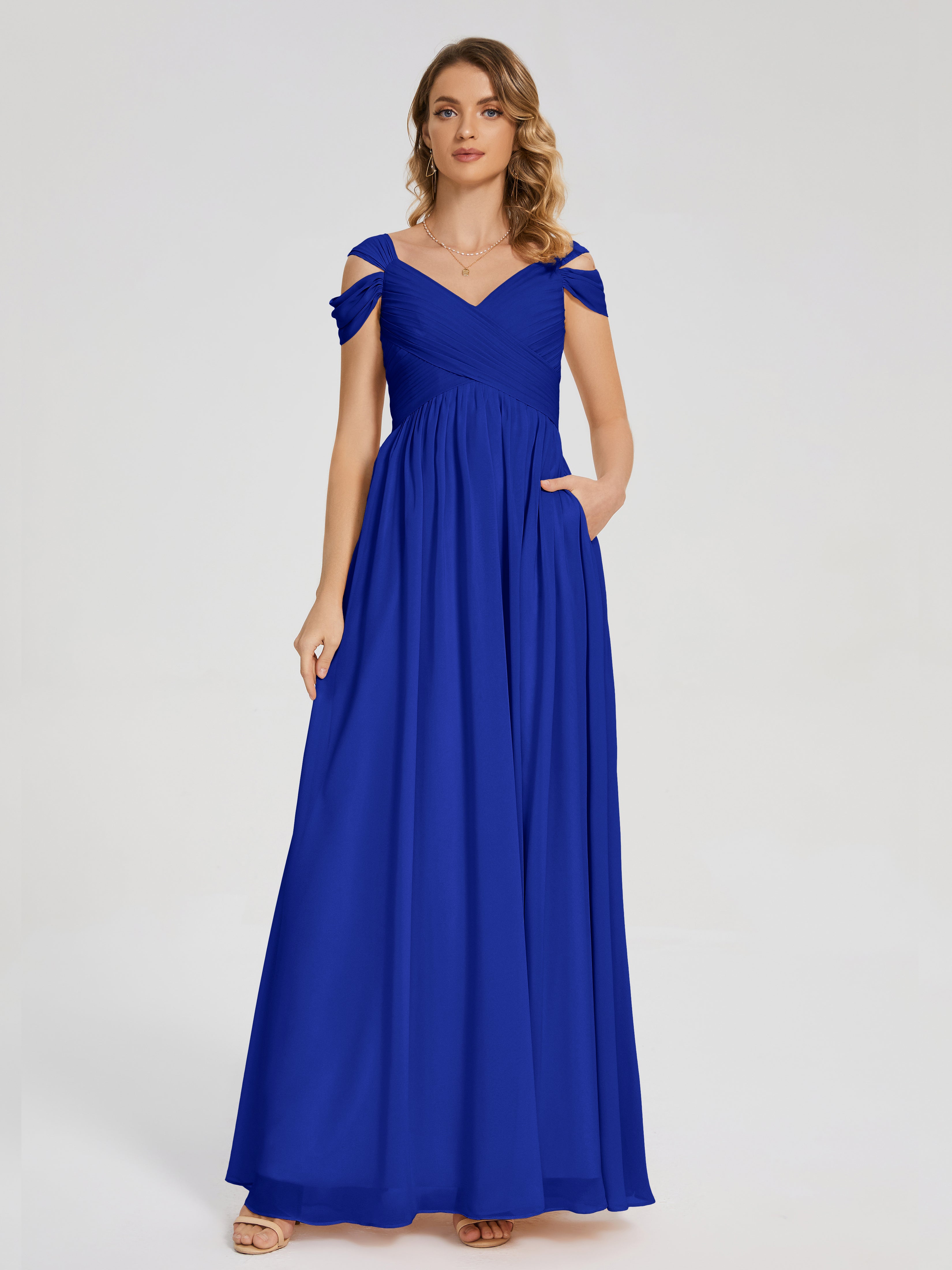 Robe Demoiselle D Honneur Bleu Roi Fendue Col V Dos En V Mousseline Robes Demoiselle D'Honneur