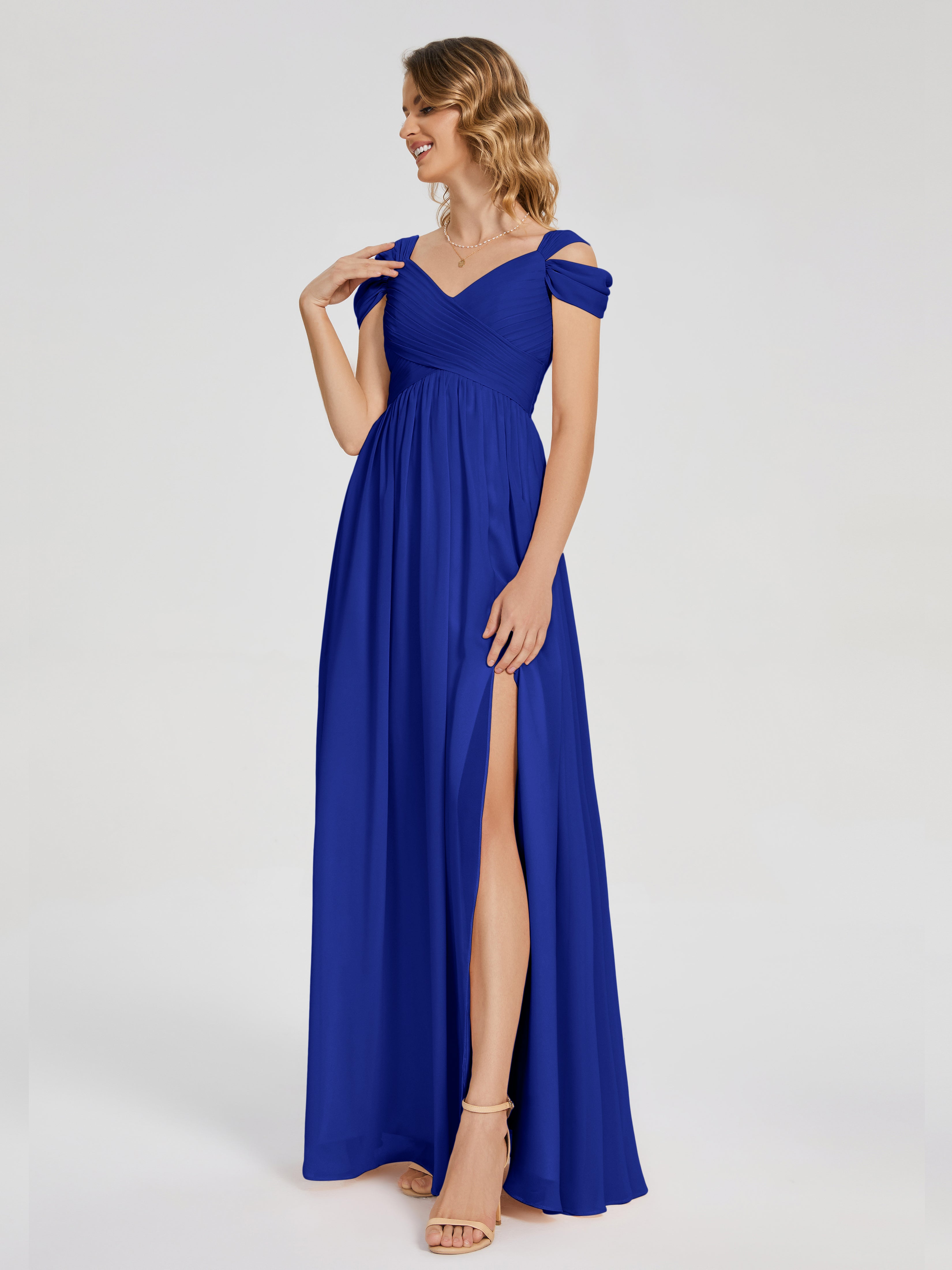 Robe Demoiselle D Honneur Bleu Roi Fendue Col V Dos En V Mousseline Robes Demoiselle D'Honneur