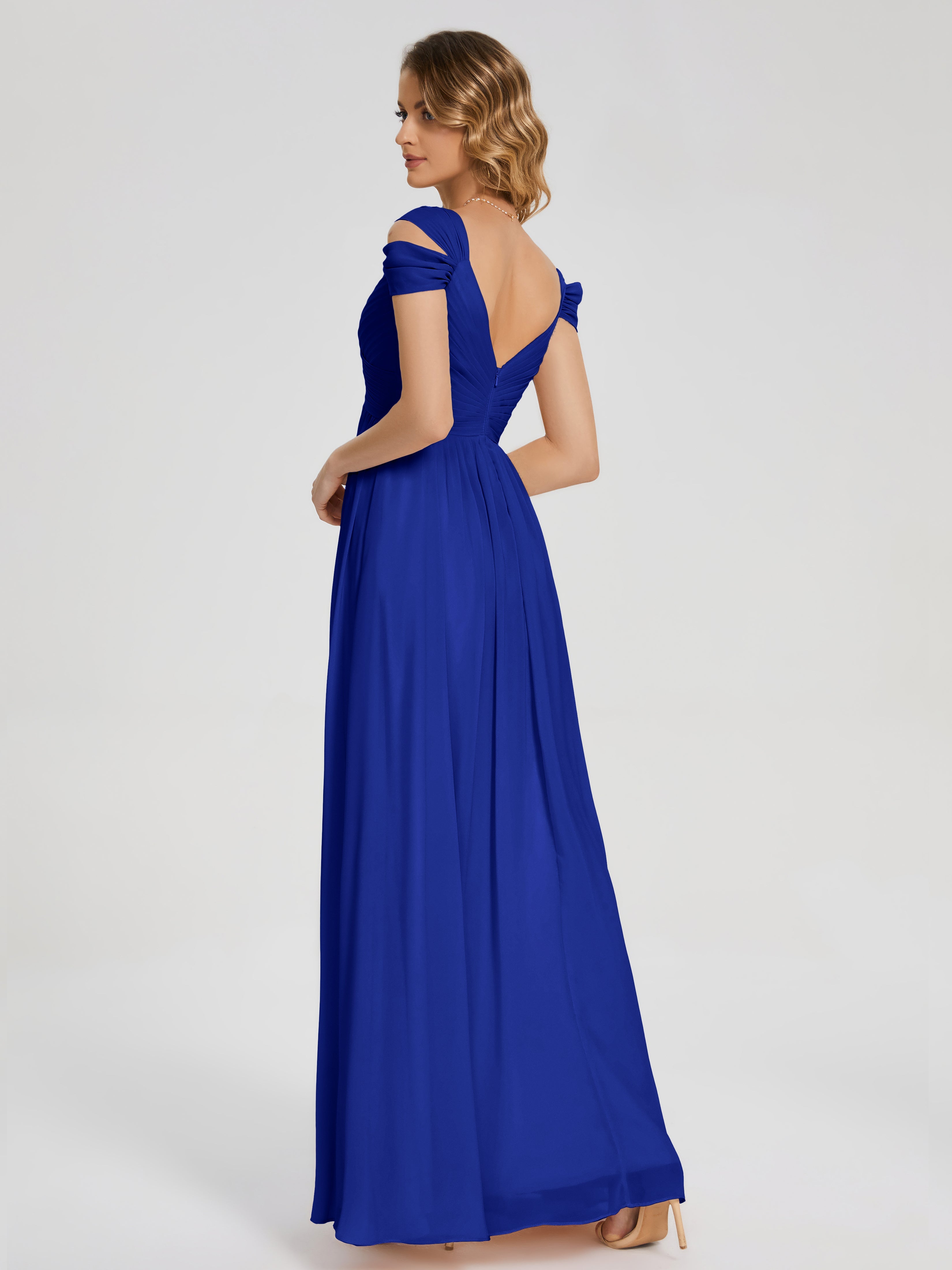 Robe Demoiselle D Honneur Bleu Roi Fendue Col V Dos En V Mousseline Robes Demoiselle D'Honneur