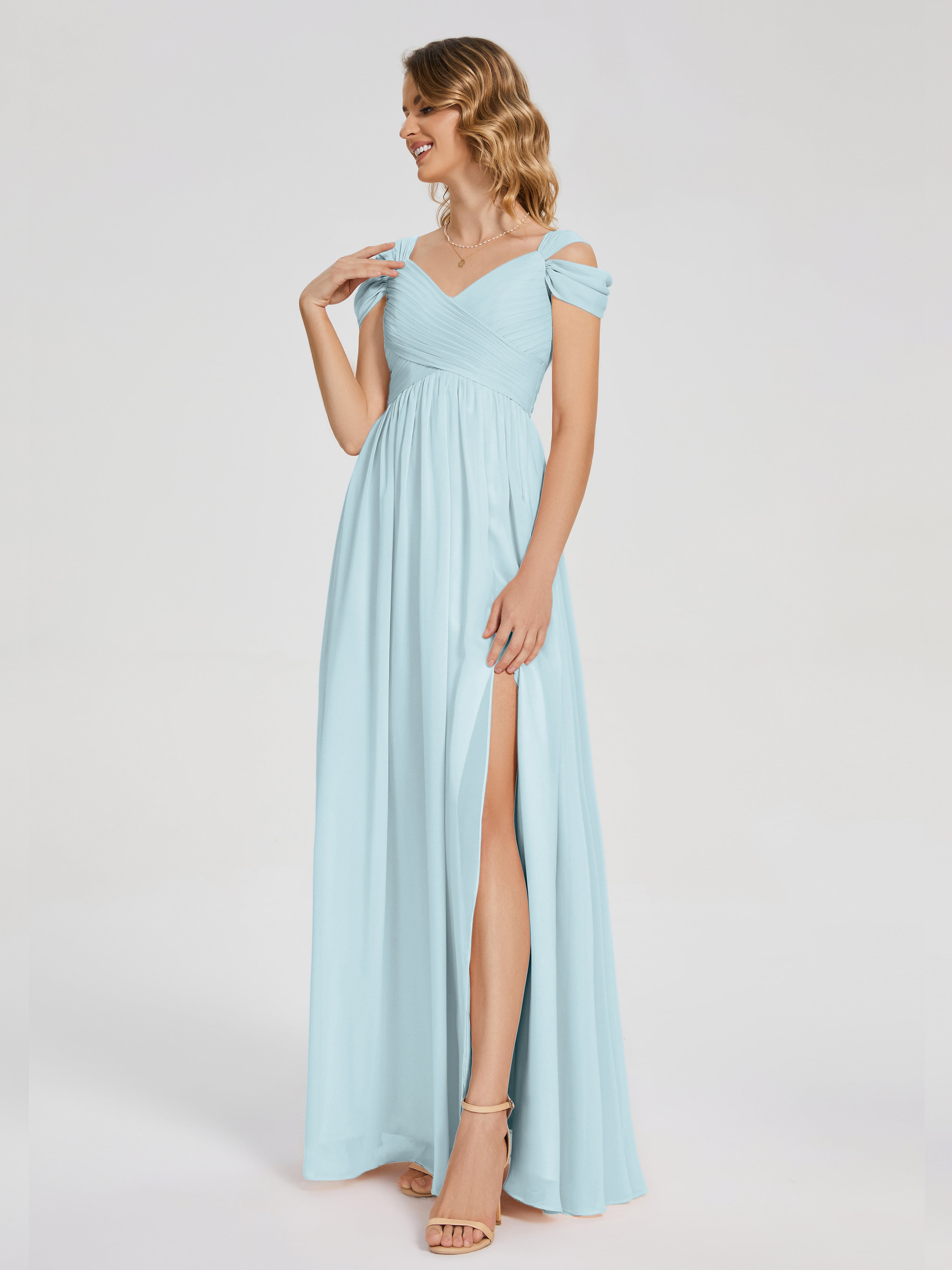 Robe De Demoiselle D'Honneur Brume Fendue Col V Dos En V Mousseline Robes Demoiselle D'Honneur