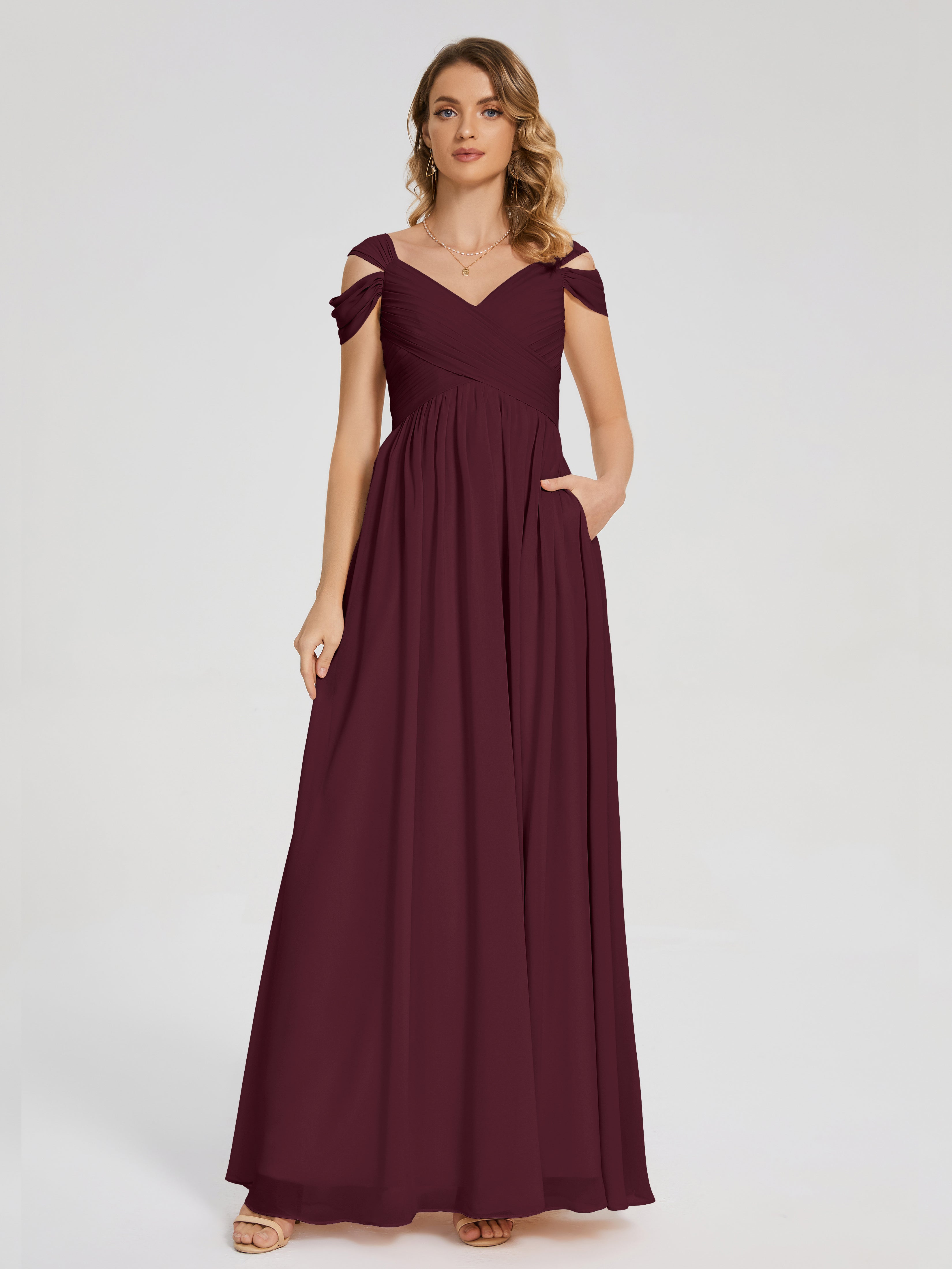 Robes De Demoiselle D'Honneur Cabernet Fendue Col V Dos En V Mousseline Robes Demoiselle D'Honneur