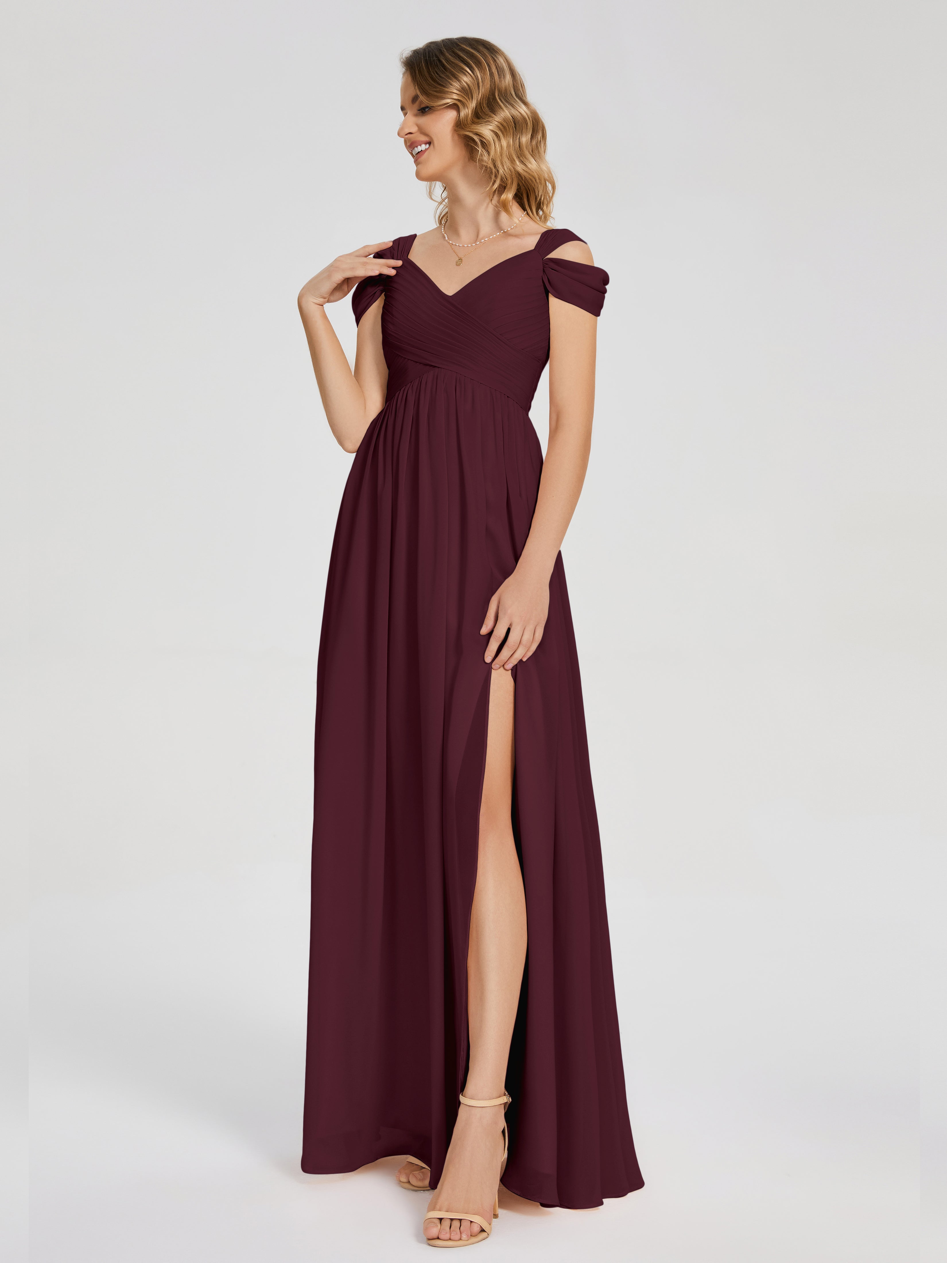 Robes De Demoiselle D'Honneur Cabernet Fendue Col V Dos En V Mousseline Robes Demoiselle D'Honneur