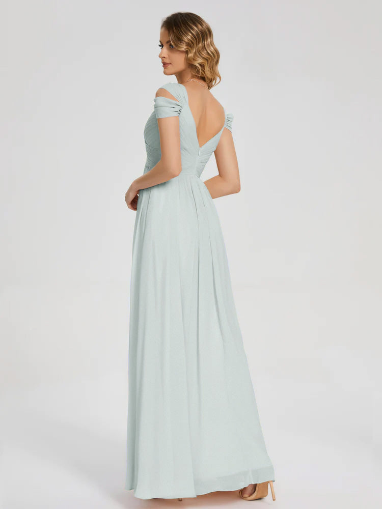 Robe Demoiselle D Honneur Celadon Fendue Col V Dos En V Mousseline Robes Demoiselle D'Honneur