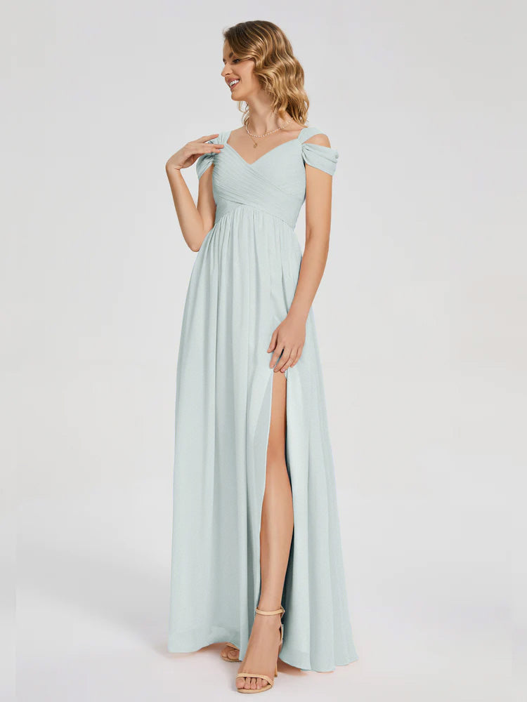 Robe Demoiselle D Honneur Celadon Fendue Col V Dos En V Mousseline Robes Demoiselle D'Honneur