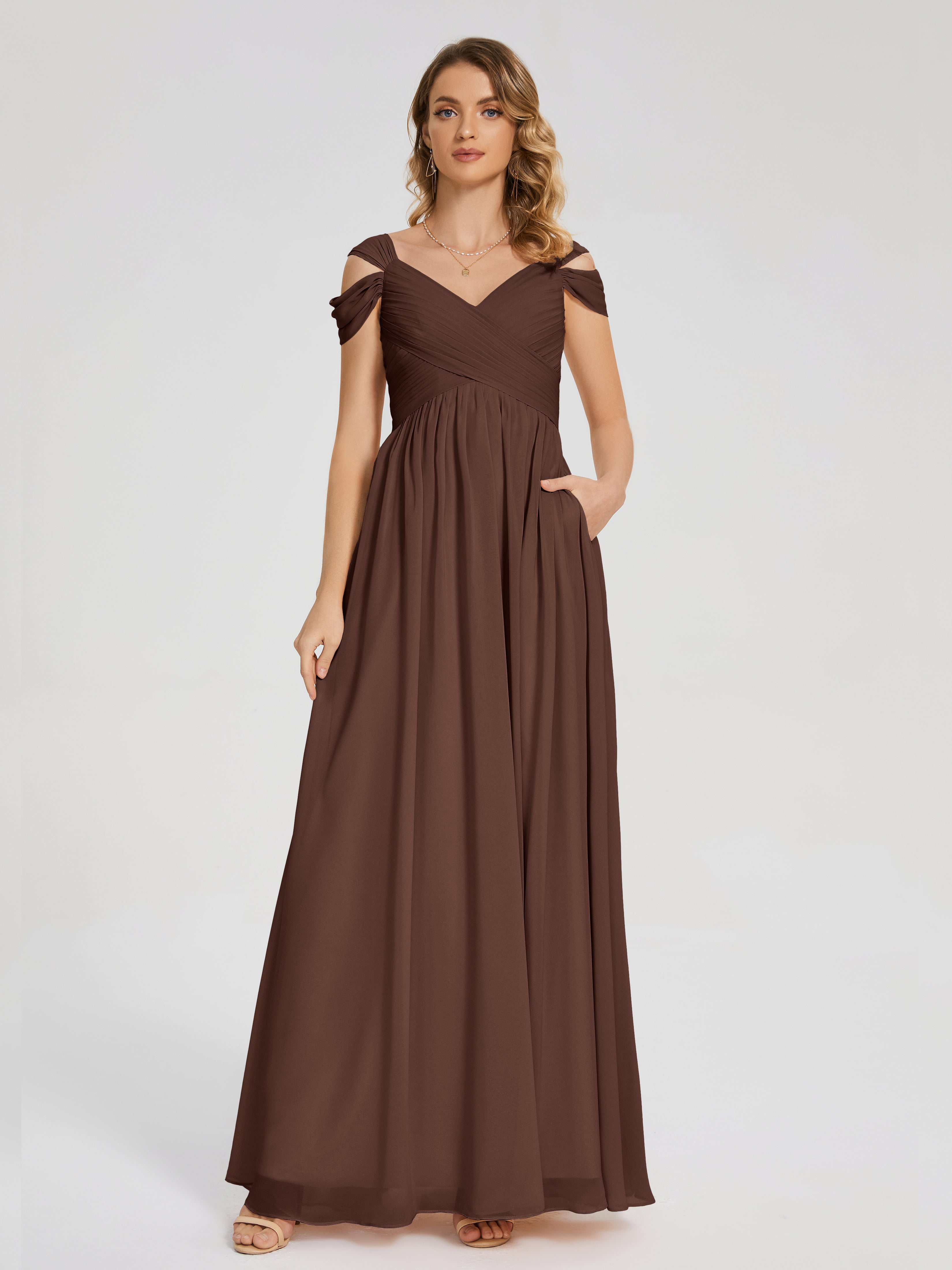 Robe Demoiselle D Honneur Marron Chocolat Fendue Col V Dos En V Mousseline Robes Demoiselle D'Honneur