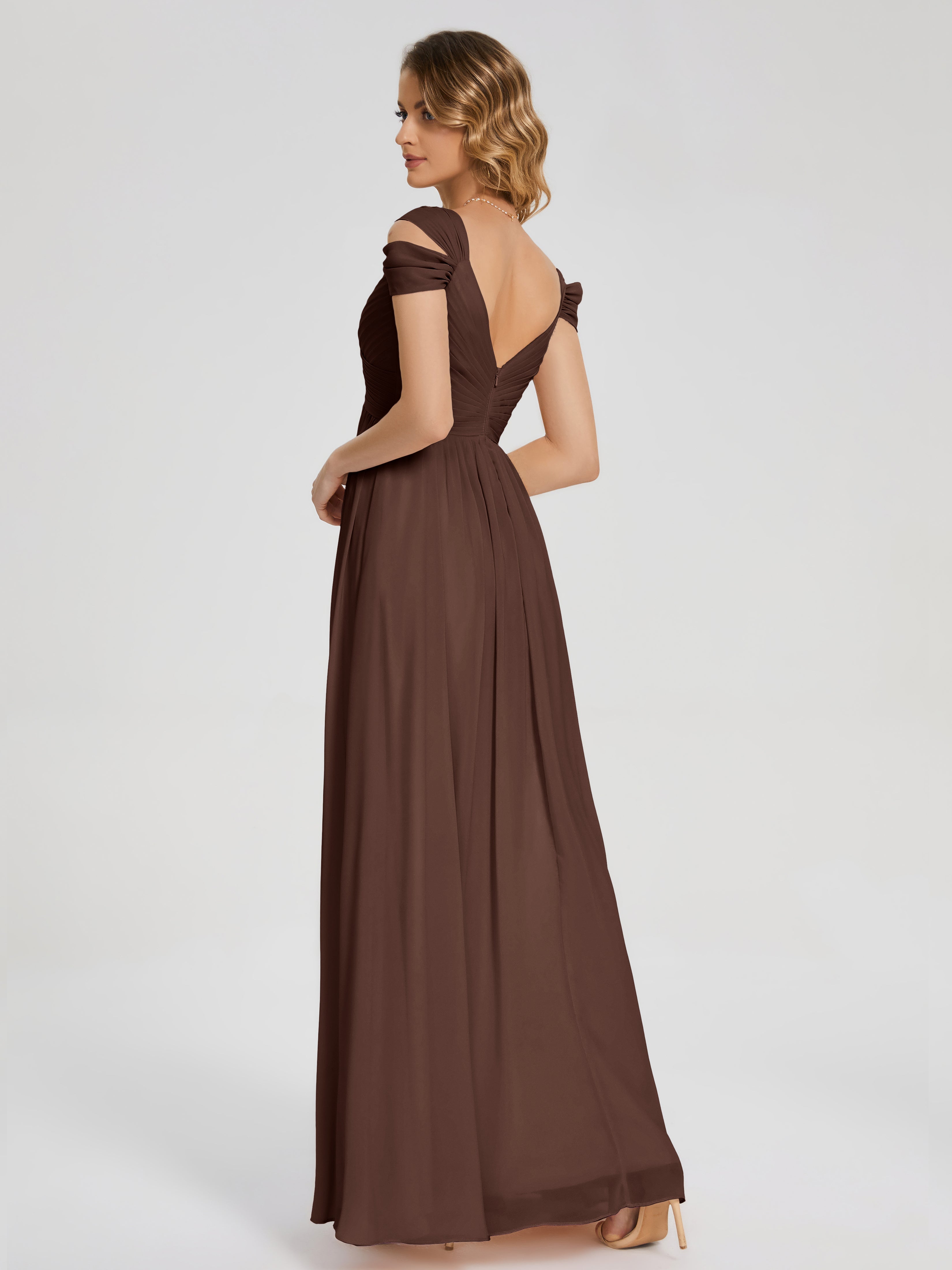 Robe Demoiselle D Honneur Marron Chocolat Fendue Col V Dos En V Mousseline Robes Demoiselle D'Honneur