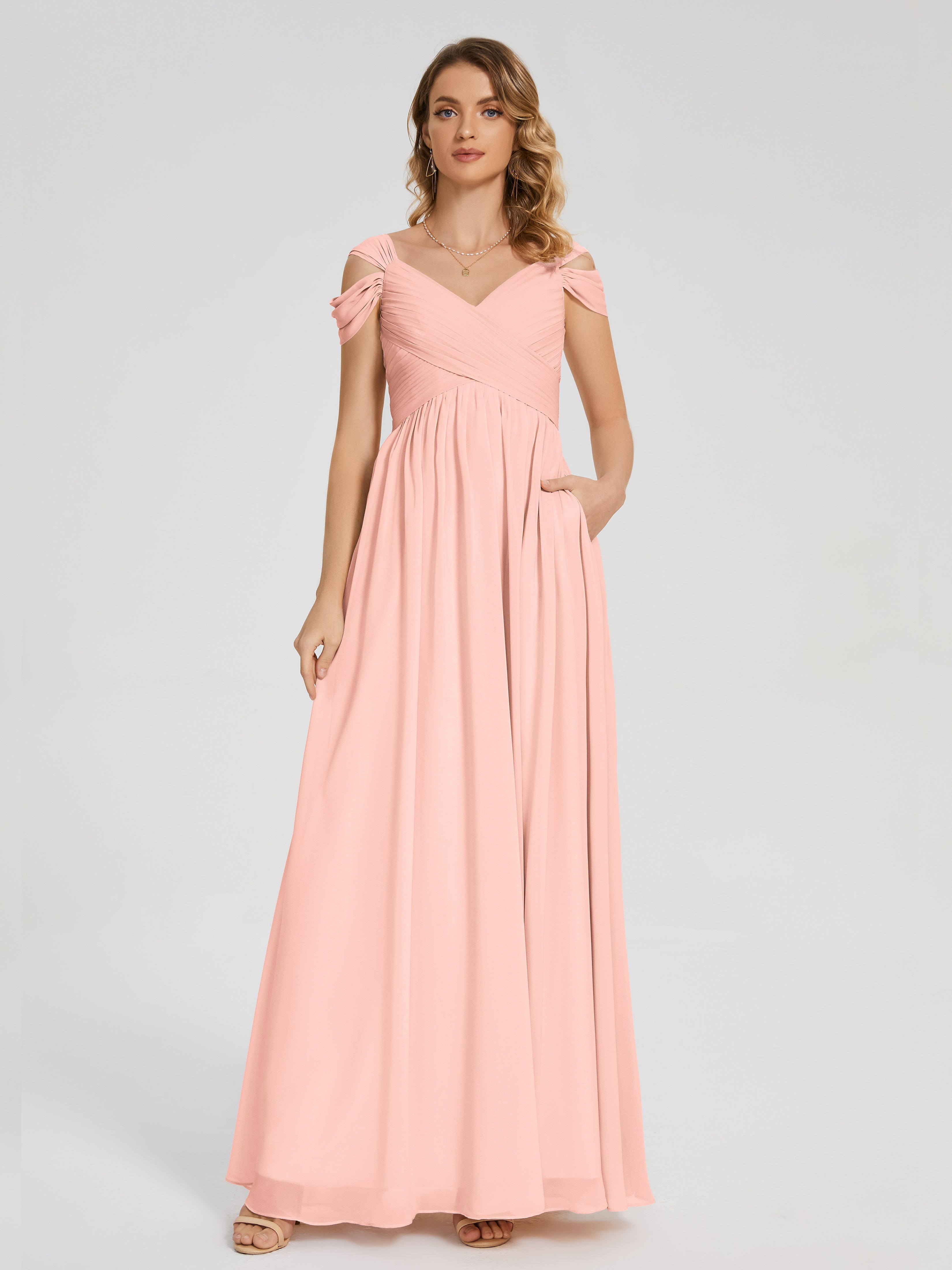 Robes De Demoiselle D'Honneur Corail Fendue Col V Dos En V Mousseline Robes Demoiselle D'Honneur