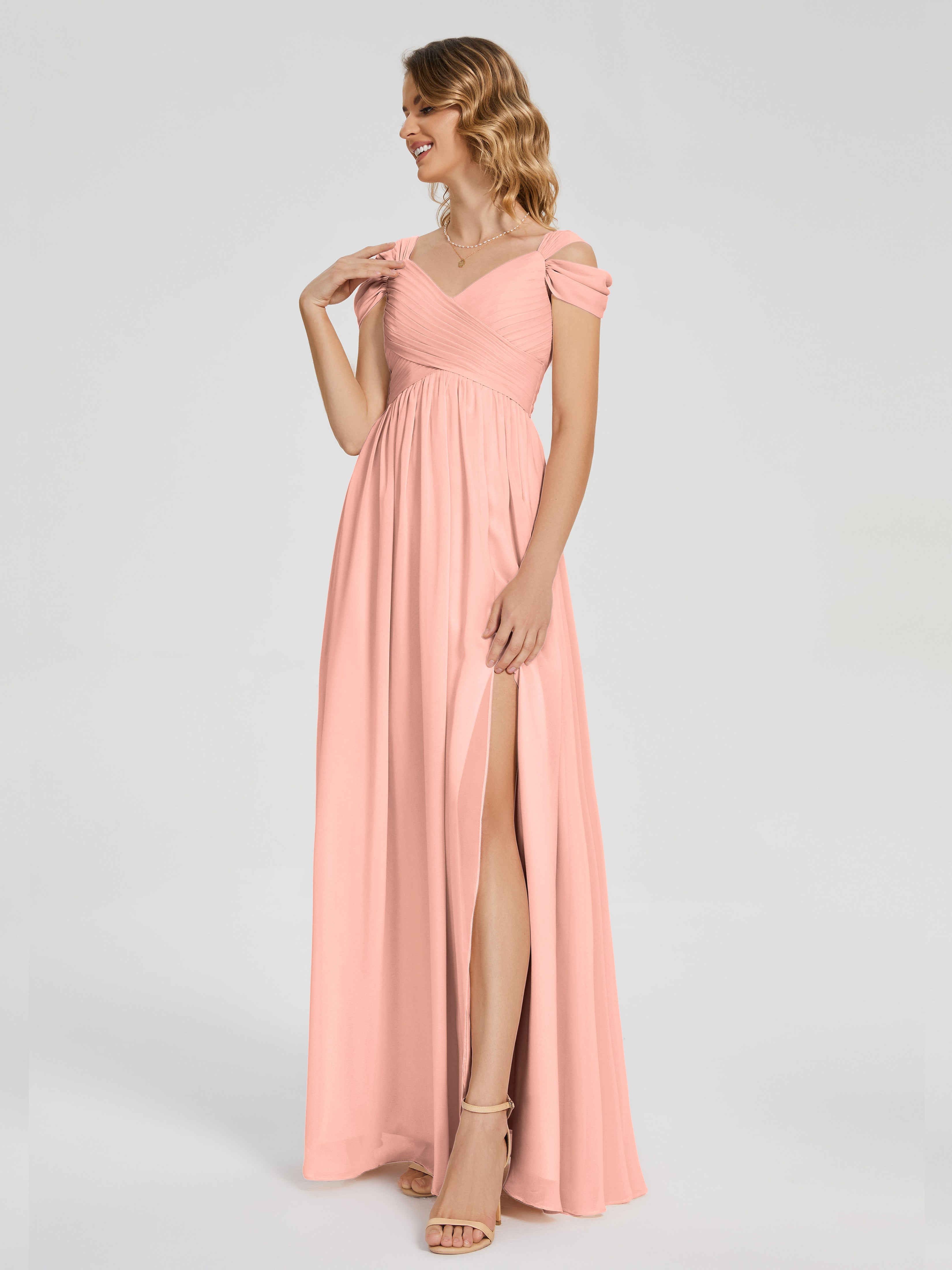 Robes De Demoiselle D'Honneur Corail Fendue Col V Dos En V Mousseline Robes Demoiselle D'Honneur