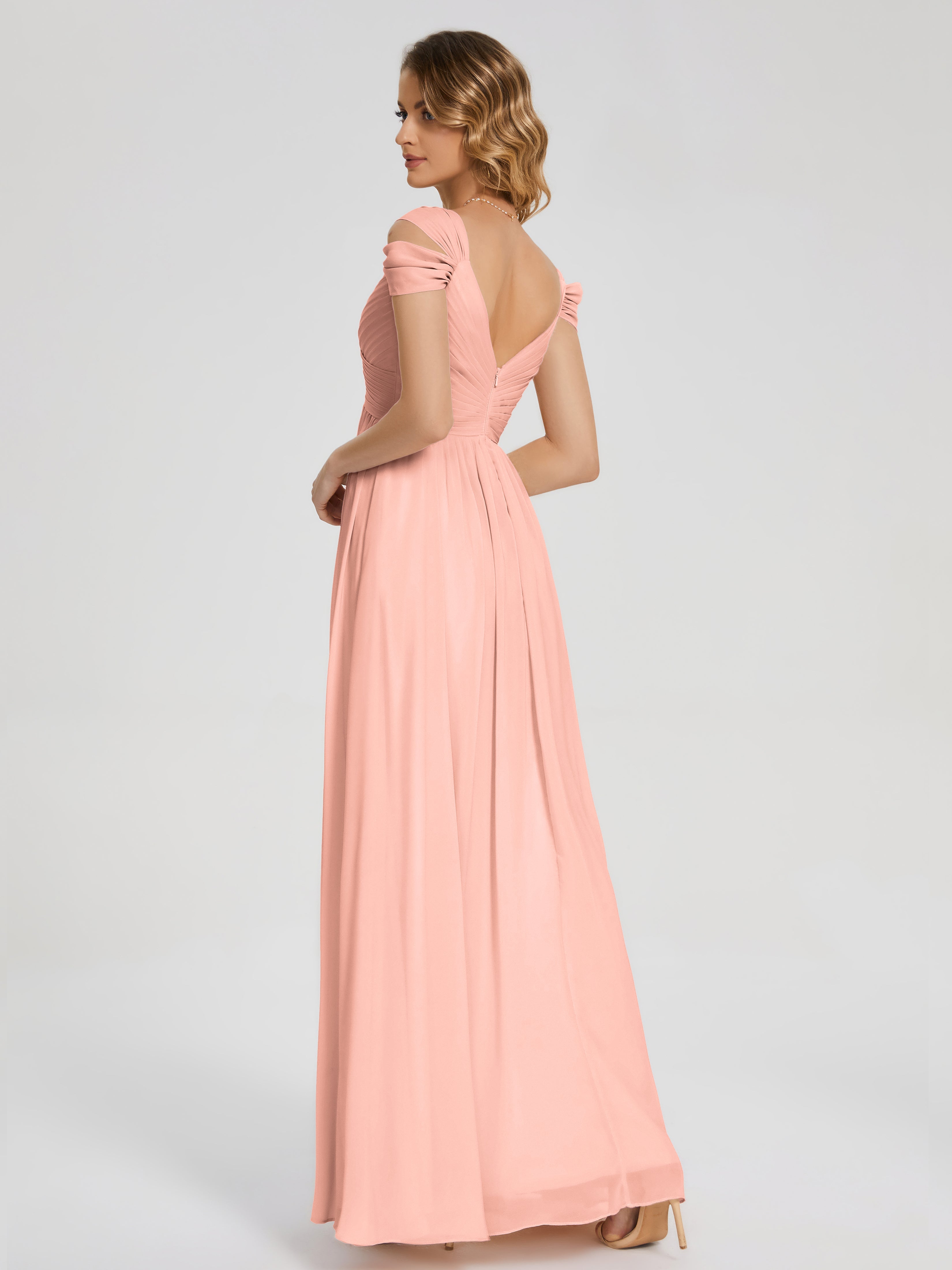 Robes De Demoiselle D'Honneur Corail Fendue Col V Dos En V Mousseline Robes Demoiselle D'Honneur