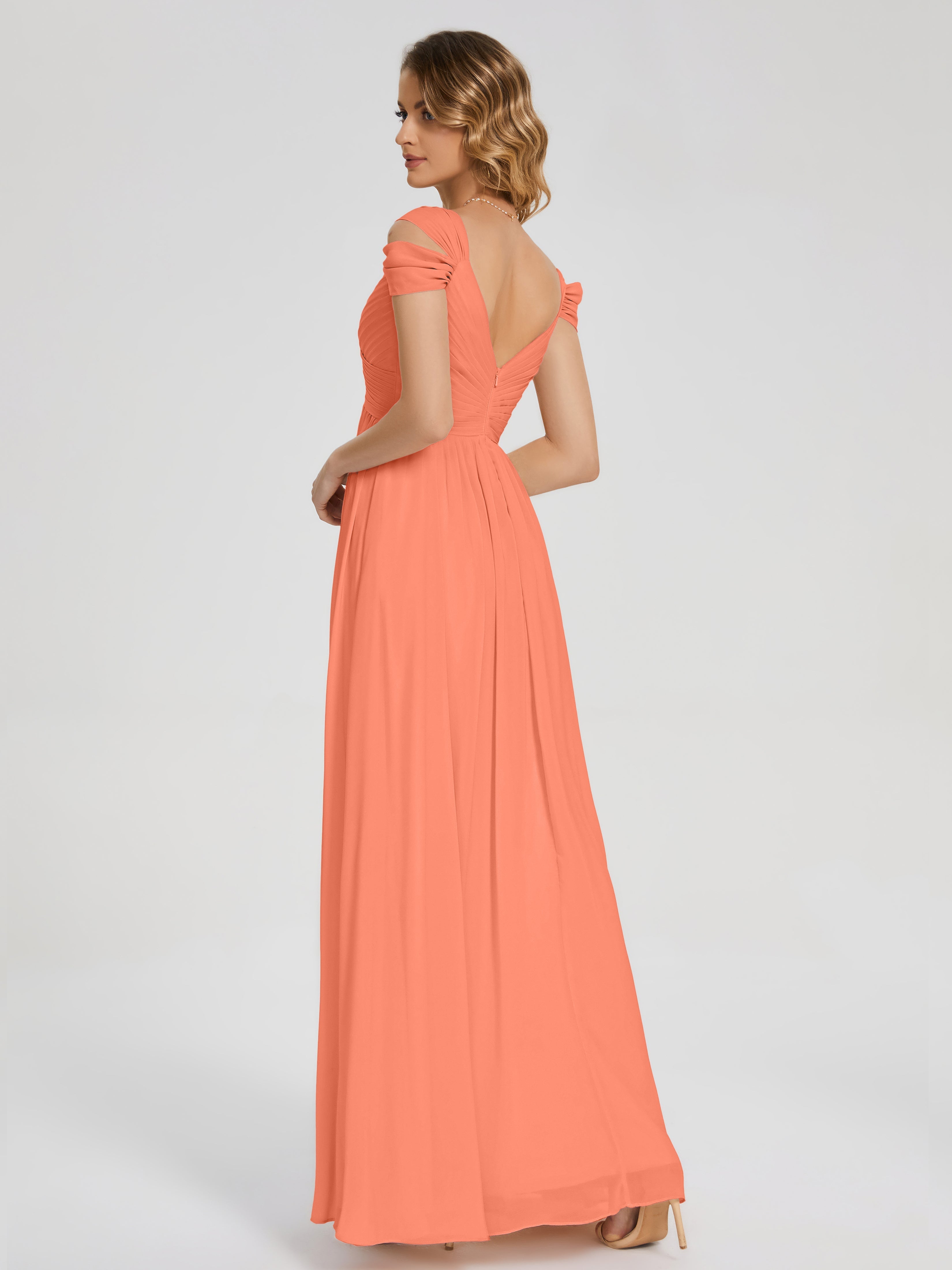 Robes De Demoiselle D'Honneur Coucher De Soleil Fendue Col V Dos En V Mousseline Robes Demoiselle D'Honneur