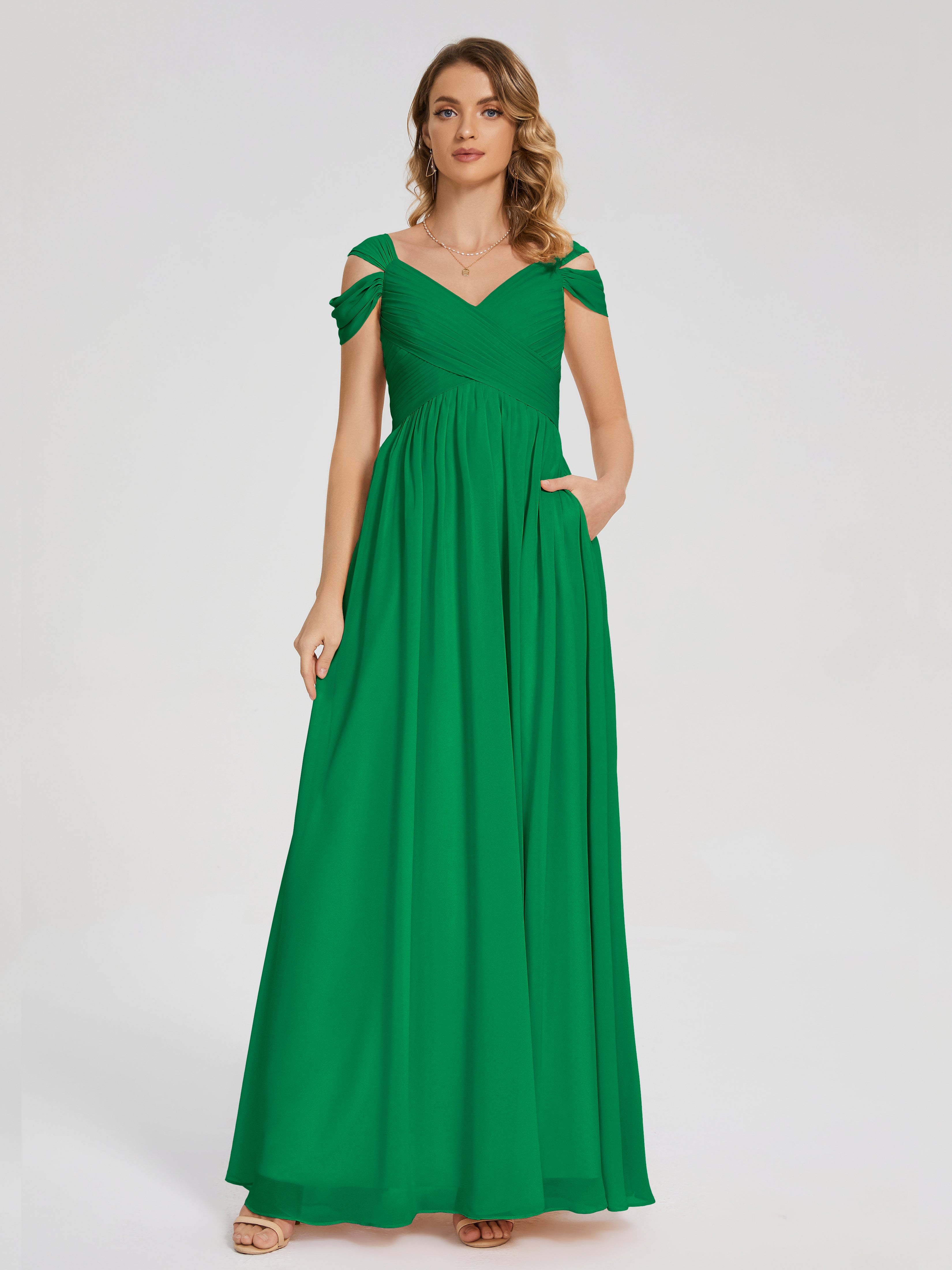 Robes De Demoiselle D'Honneur Vert Émeraude Fendue Col V Dos En V Mousseline Robes Demoiselle D'Honneur