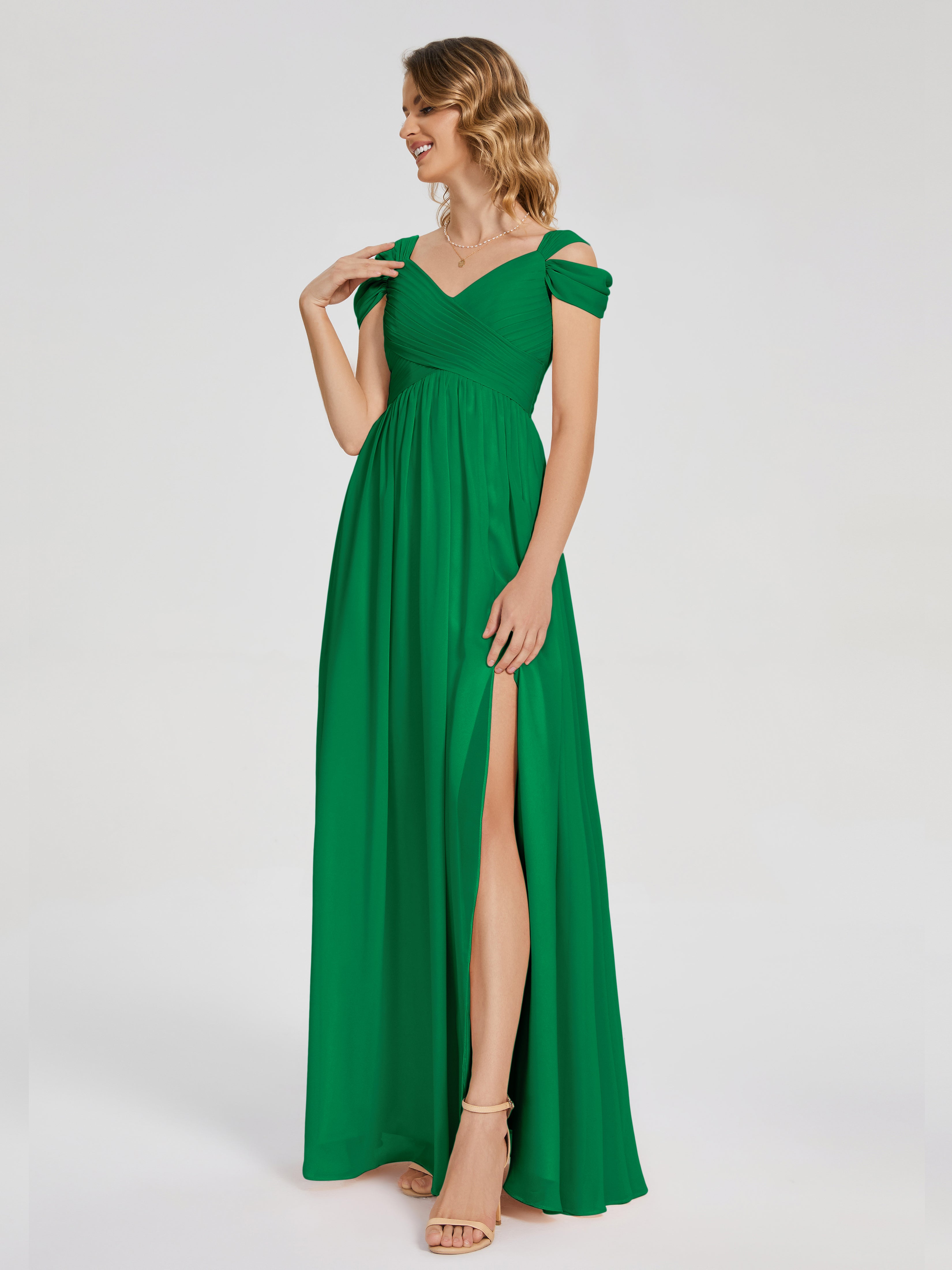 Robes De Demoiselle D'Honneur Vert Émeraude Fendue Col V Dos En V Mousseline Robes Demoiselle D'Honneur
