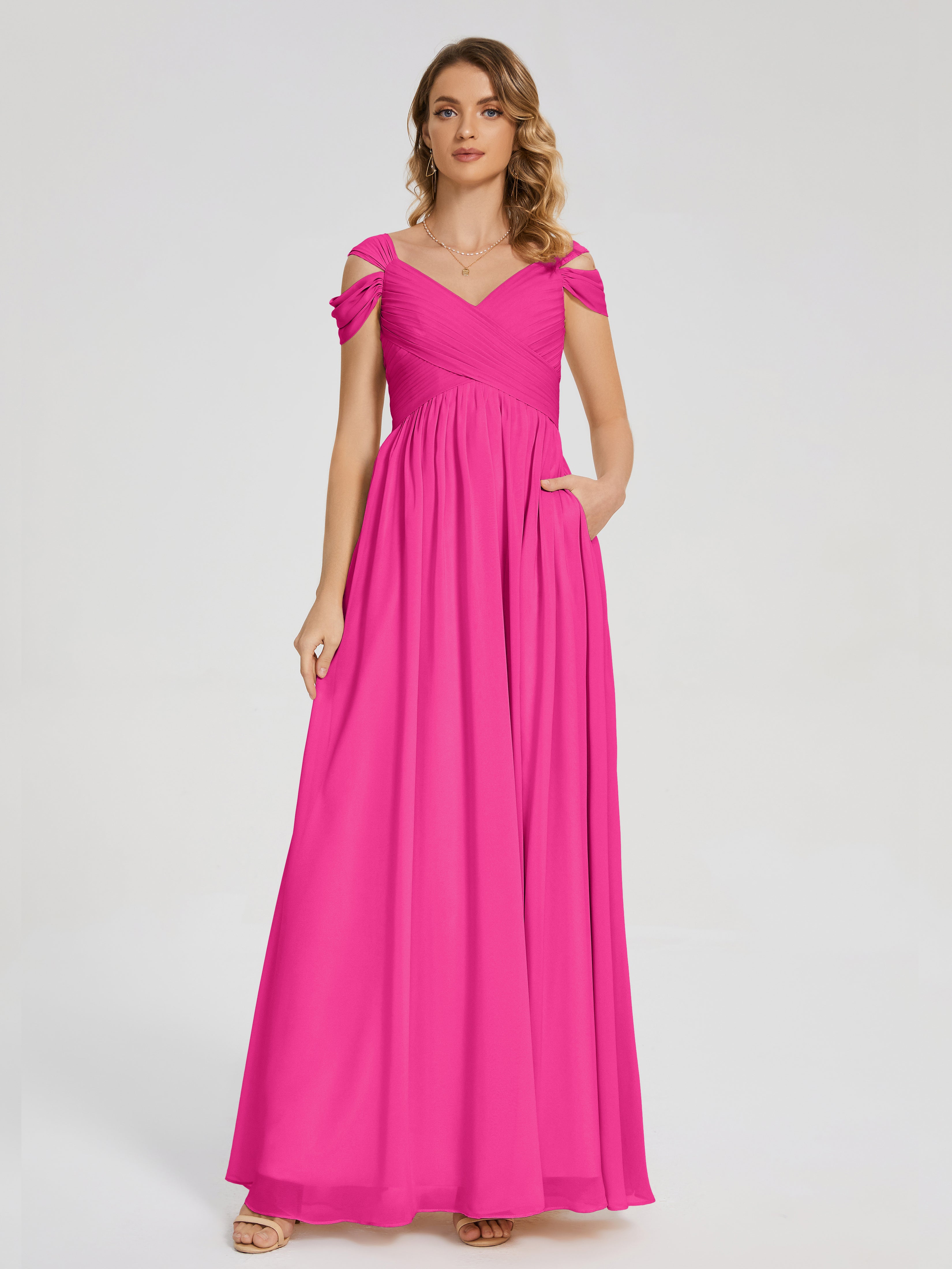 Robes De Demoiselle D'Honneur Rose Fuchsia Couleur Fendue Col V Dos En V Mousseline Robes Demoiselle D'Honneur