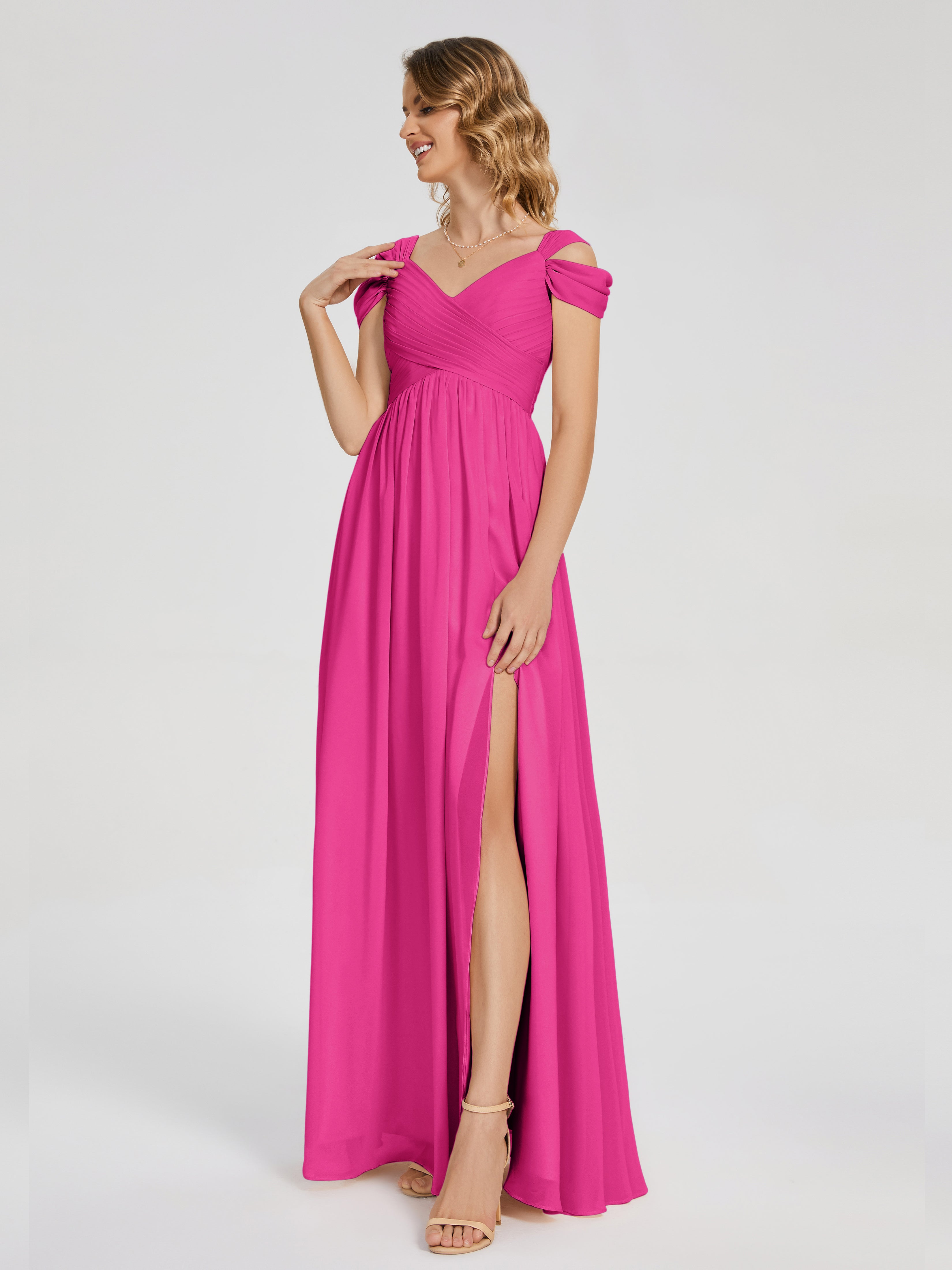 Robes De Demoiselle D'Honneur Rose Fuchsia Couleur Fendue Col V Dos En V Mousseline Robes Demoiselle D'Honneur