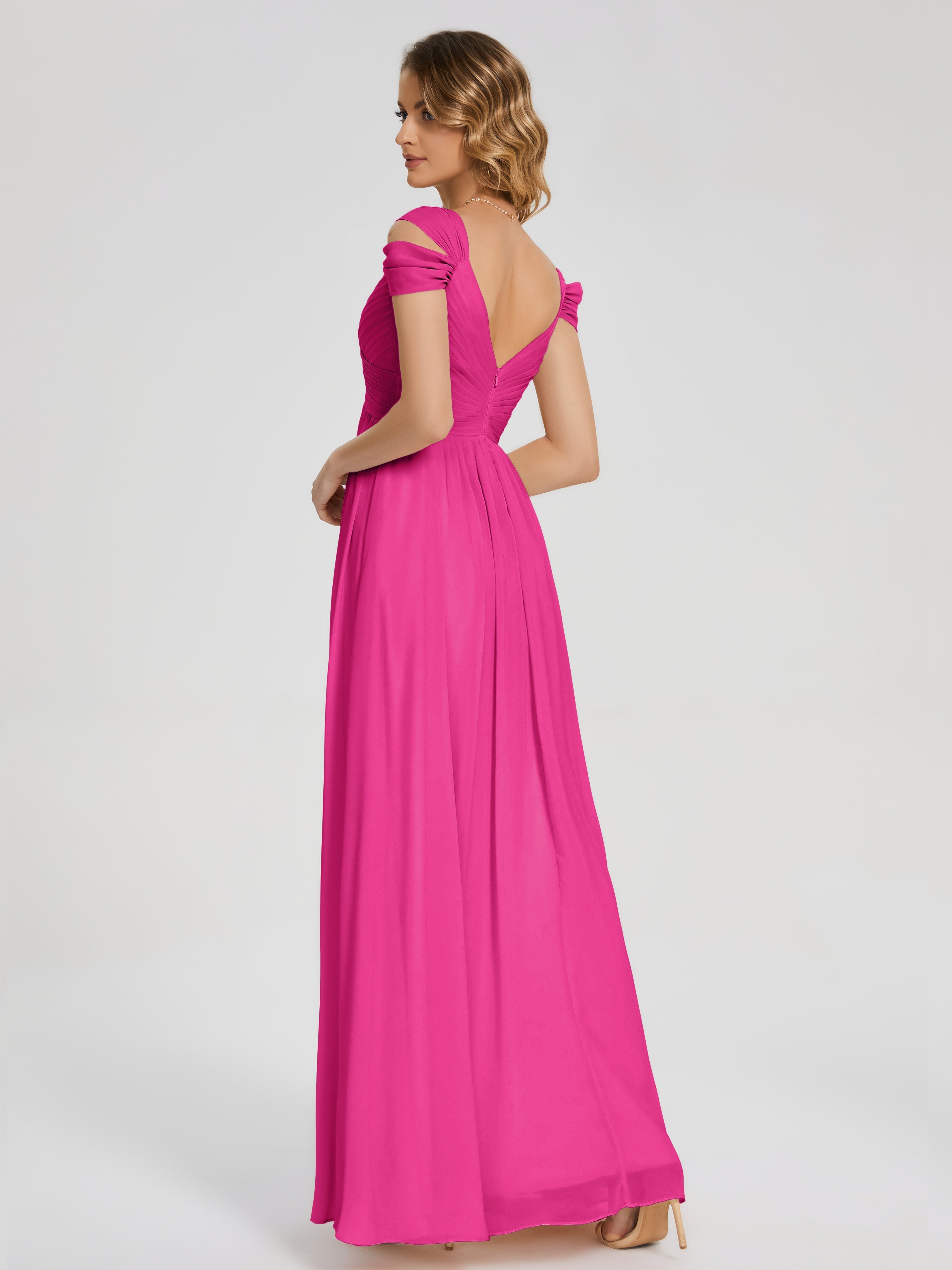 Robes De Demoiselle D'Honneur Rose Fuchsia Couleur Fendue Col V Dos En V Mousseline Robes Demoiselle D'Honneur