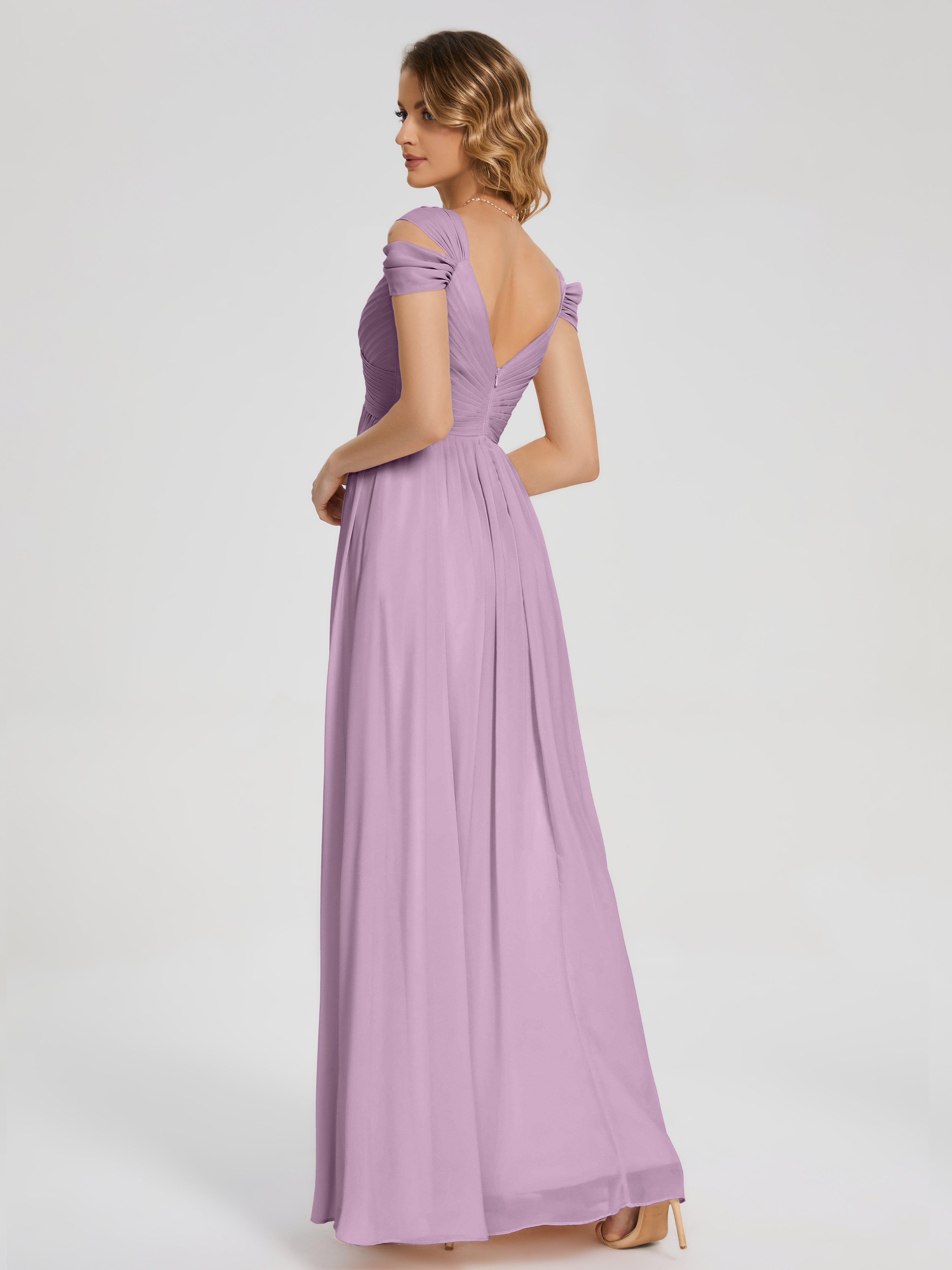 Robes De Demoiselle D'Honneur Glycine Fendue Col V Dos En V Mousseline Robes Demoiselle D'Honneur