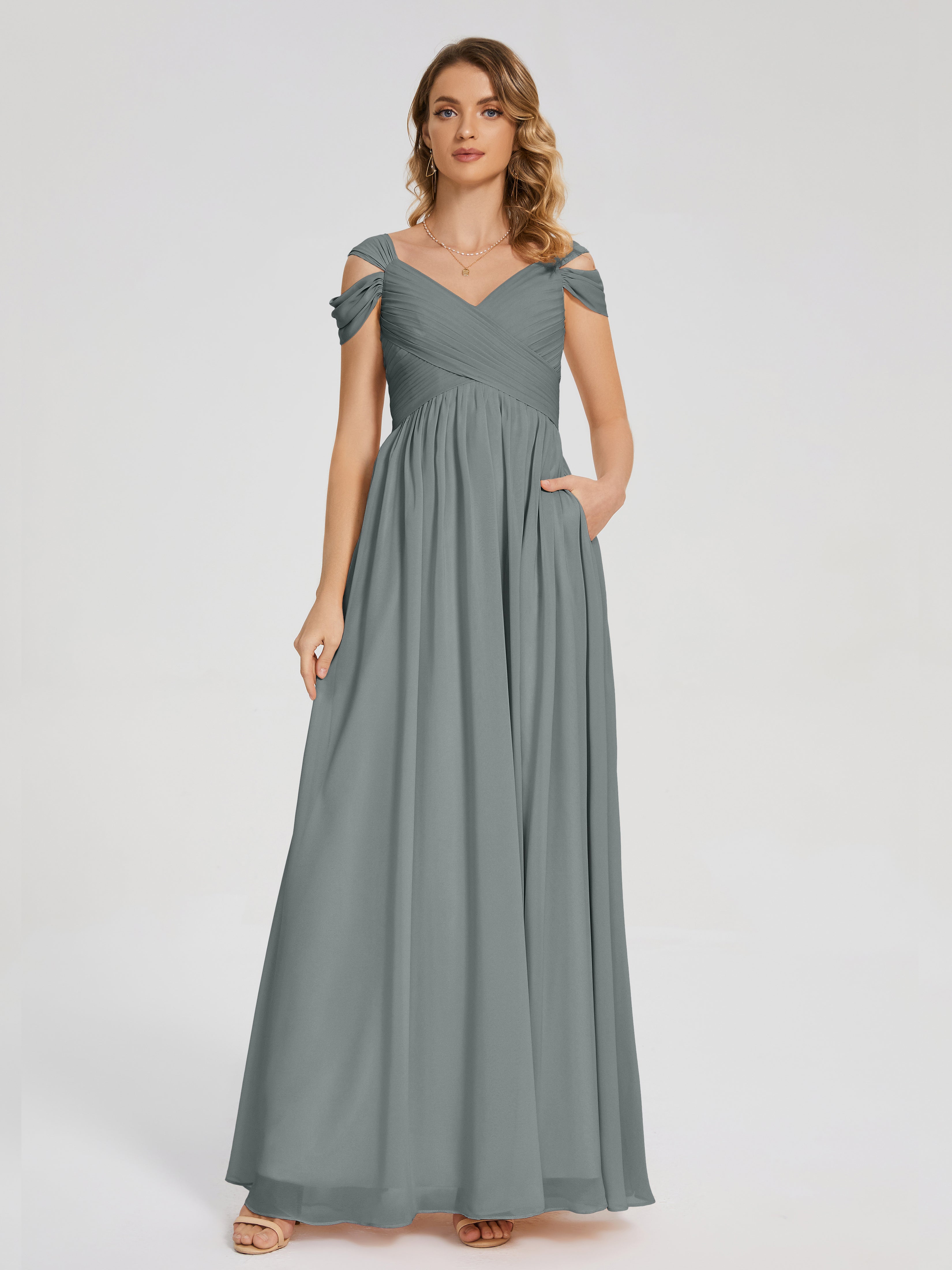 Robe Grise Demoiselle D Honneur Fendue Col V Dos En V Mousseline Robes Demoiselle D'Honneur
