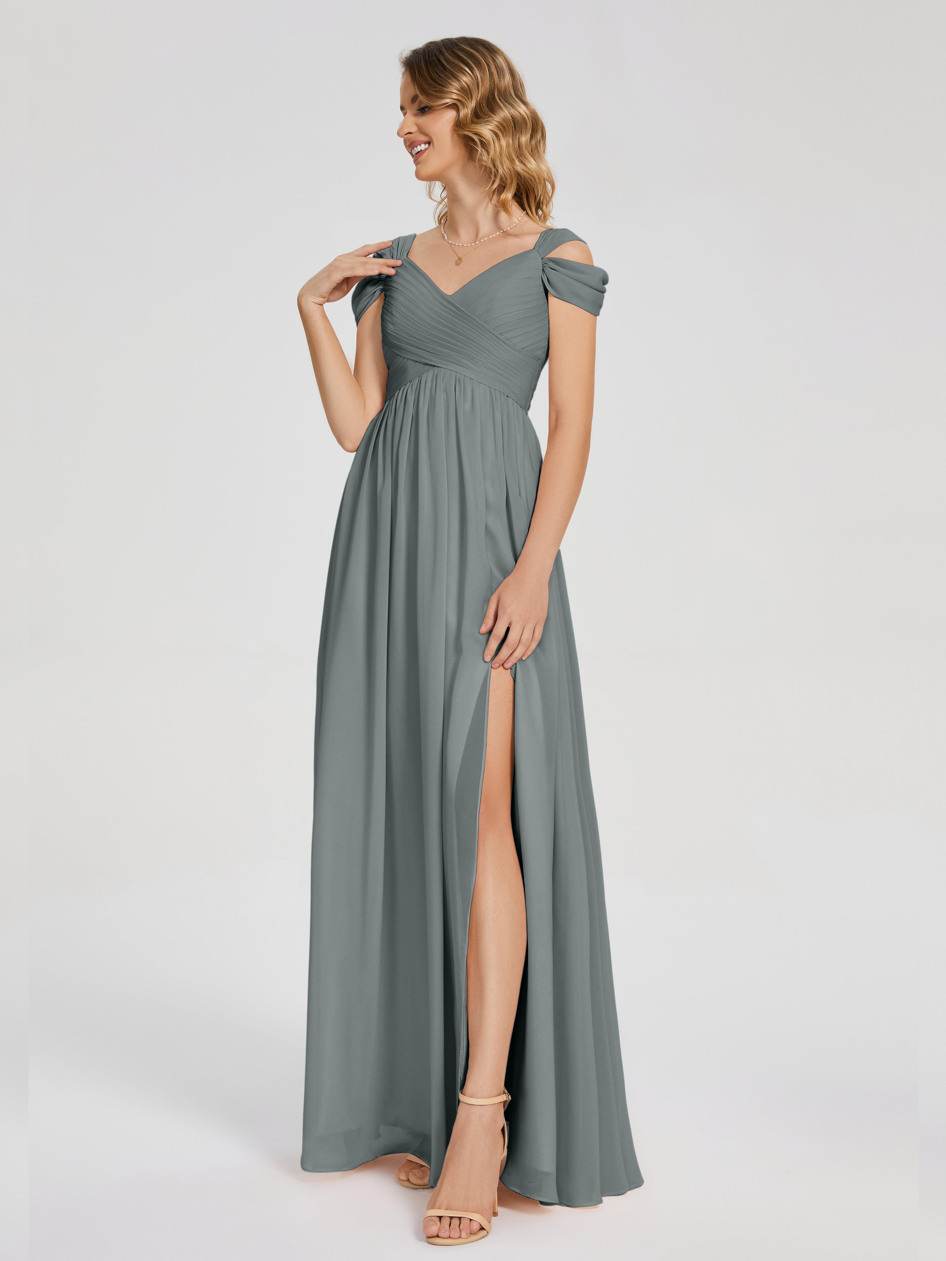 Robe Grise Demoiselle D Honneur Fendue Col V Dos En V Mousseline Robes Demoiselle D'Honneur