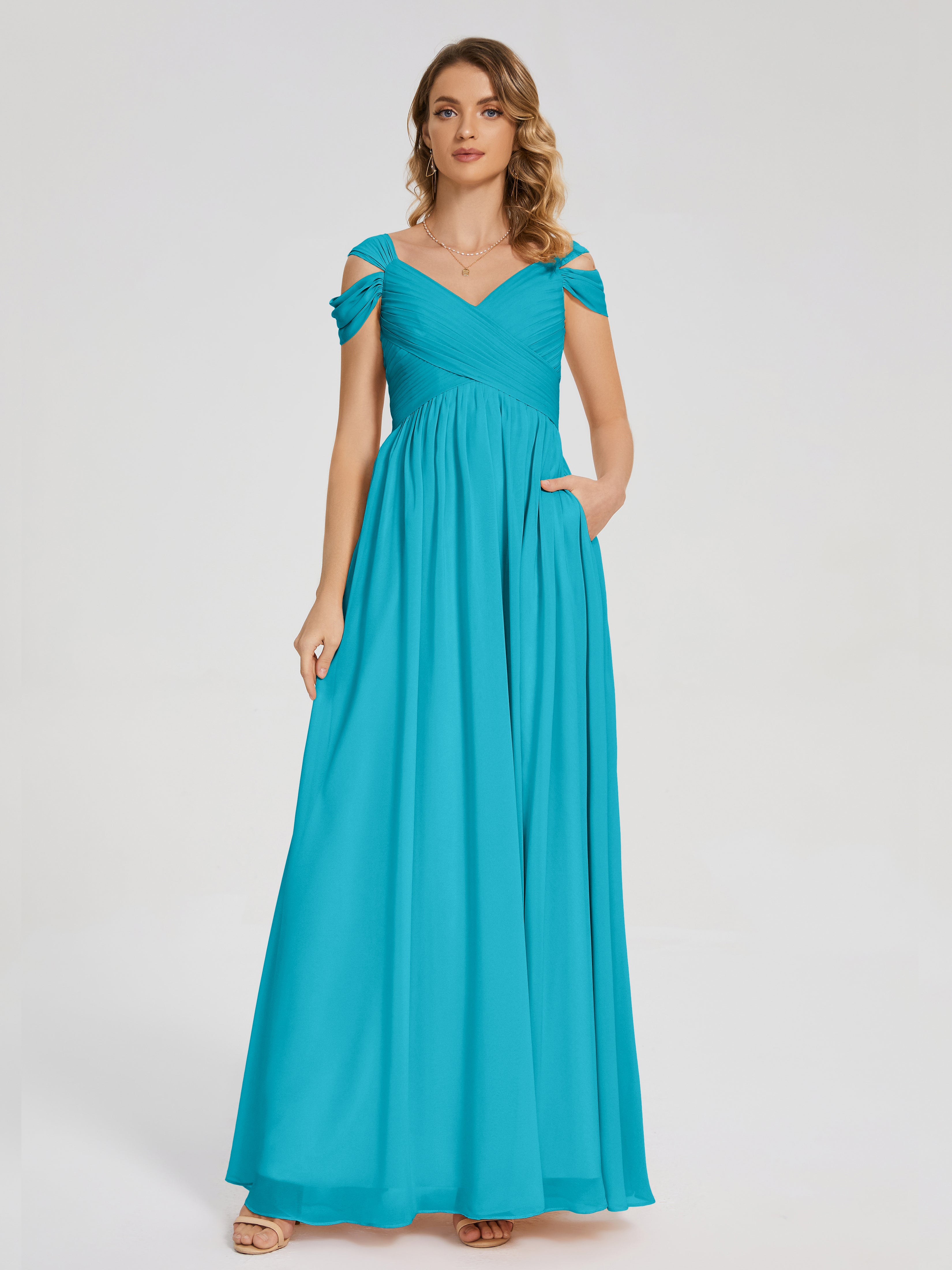 Robes De Demoiselle D'Honneur Vert Jade Fendue Col V Dos En V Mousseline Robes Demoiselle D'Honneur