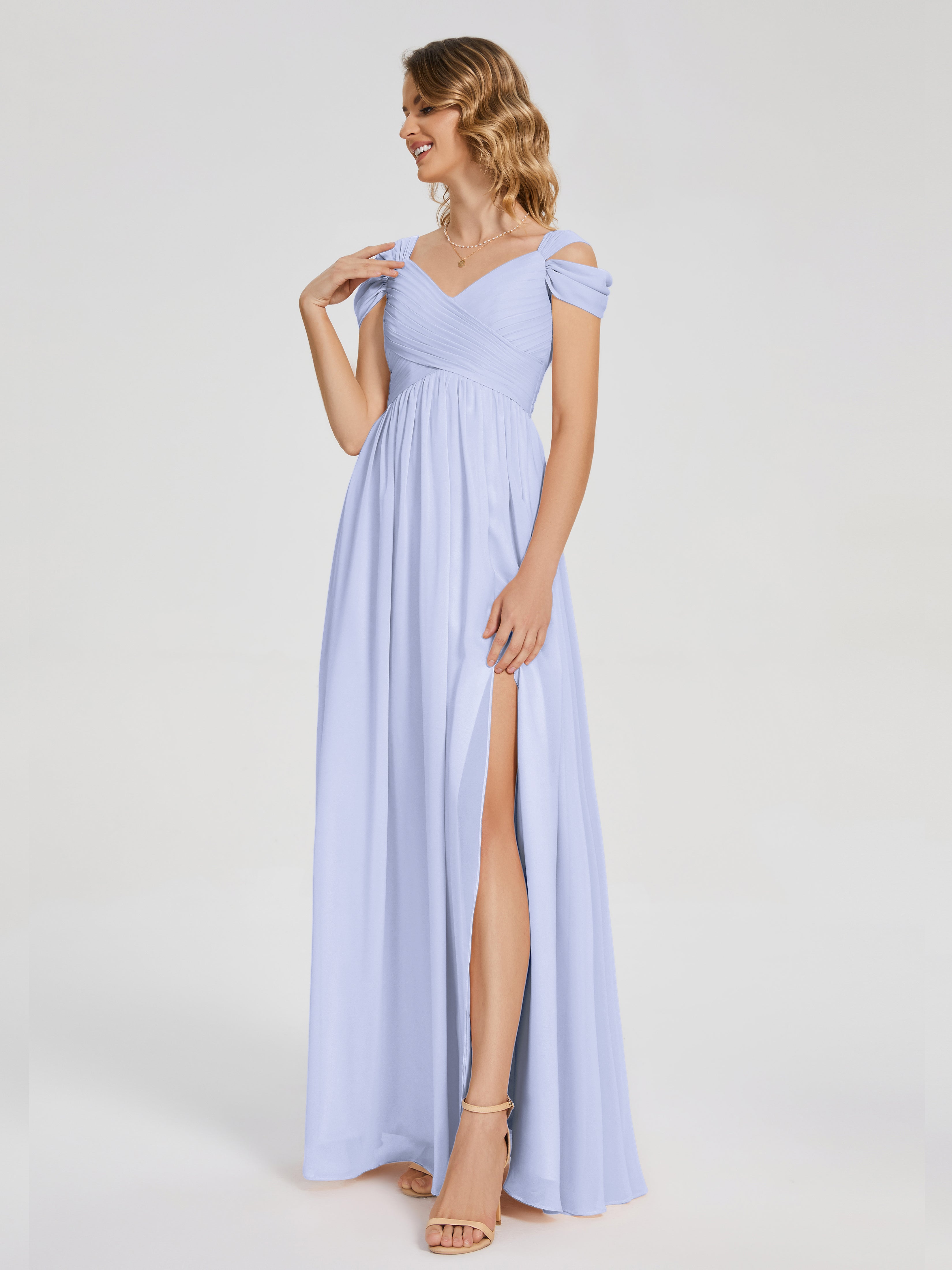 Robe Demoiselle D Honneur Lavande Fendue Col V Dos En V Mousseline Robes Demoiselle D'Honneur