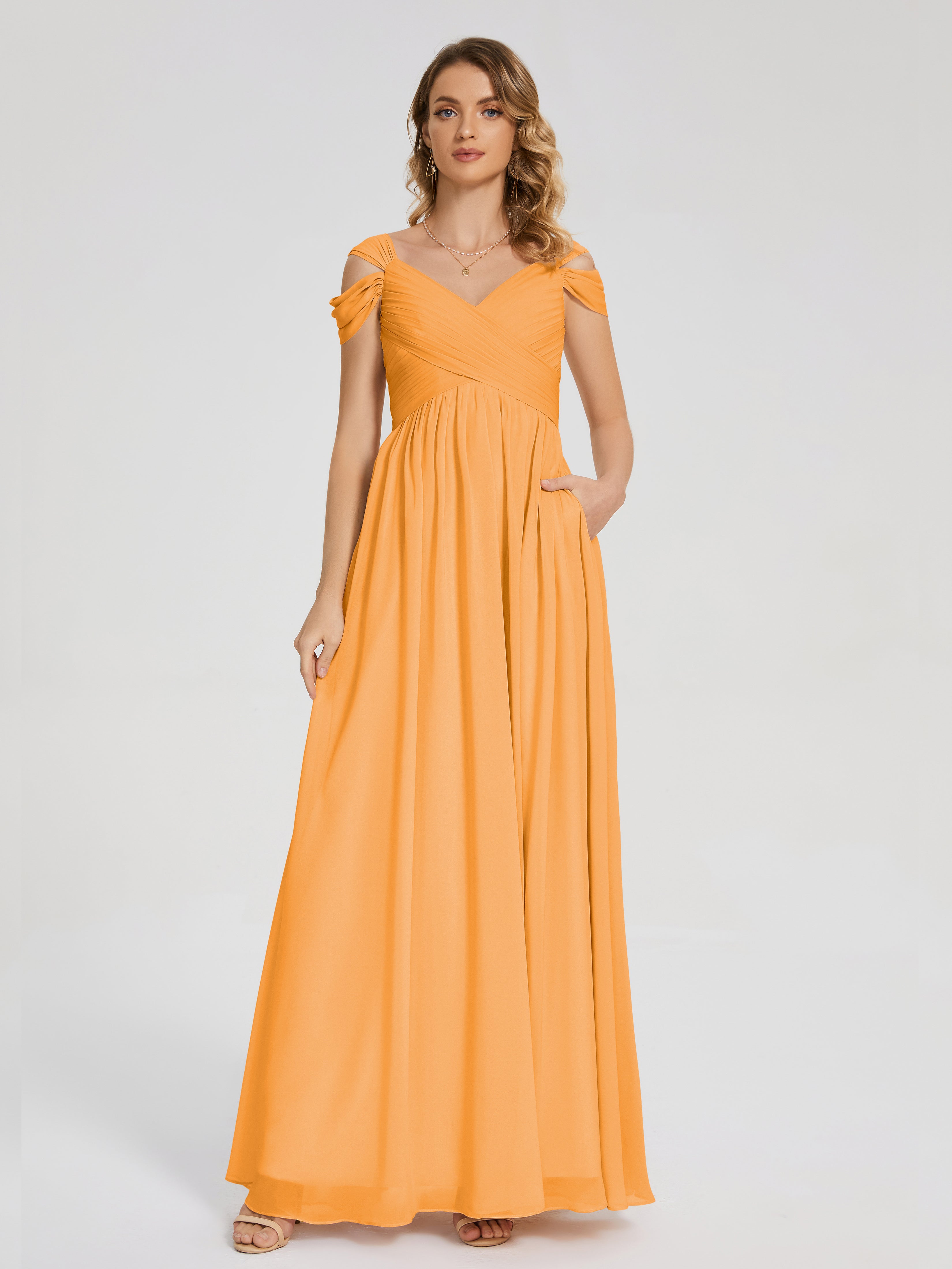 Robes De Demoiselle D'Honneur Mandarine Fendue Col V Dos En V Mousseline Robes Demoiselle D'Honneur