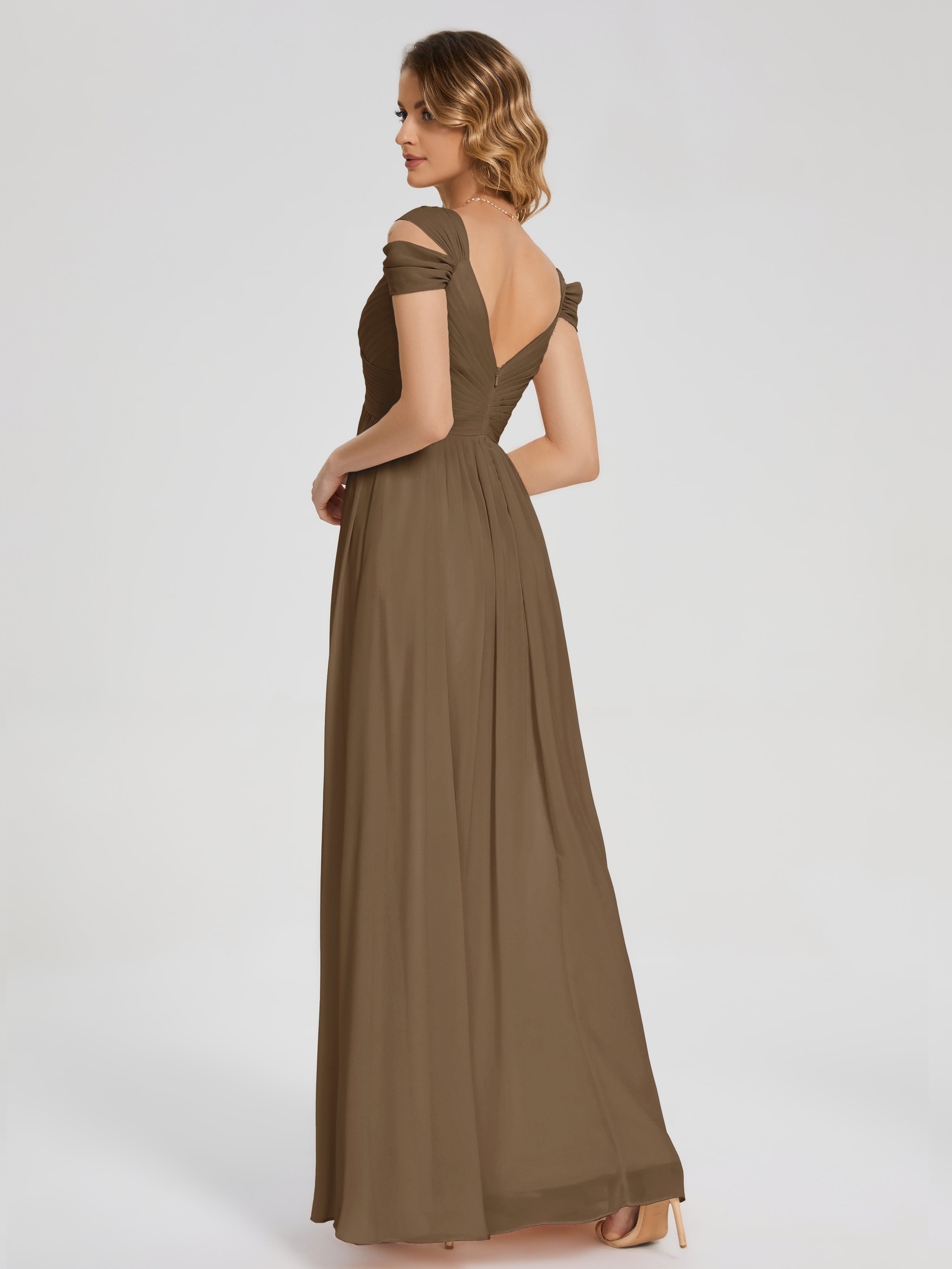 Robe De Demoiselle D'Honneur Moka Fendue Col V Dos En V Mousseline Robes Demoiselle D'Honneur