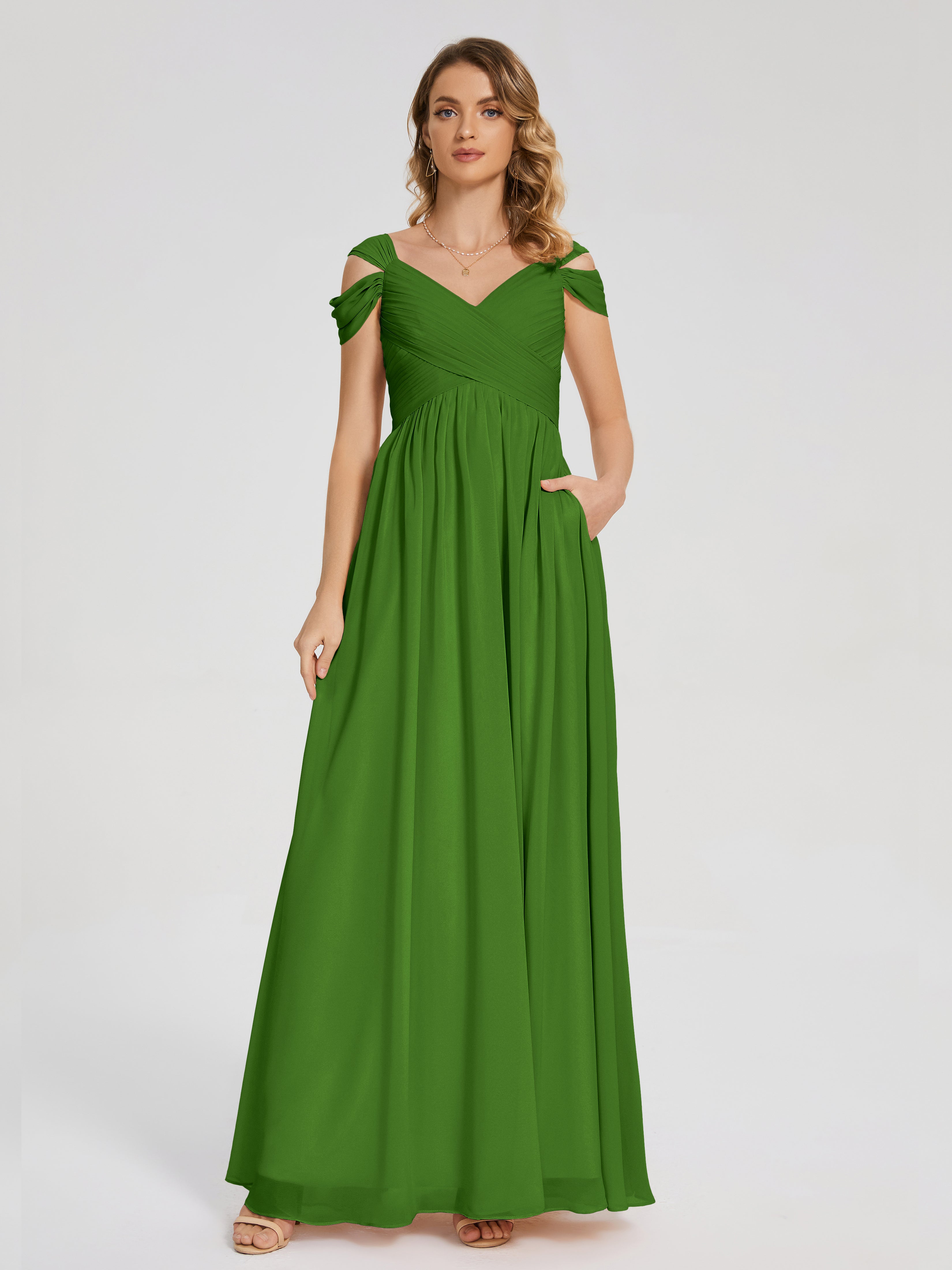 Robes De Demoiselle D'Honneur Vert Mousse Fendue Col V Dos En V Mousseline Robes Demoiselle D'Honneur