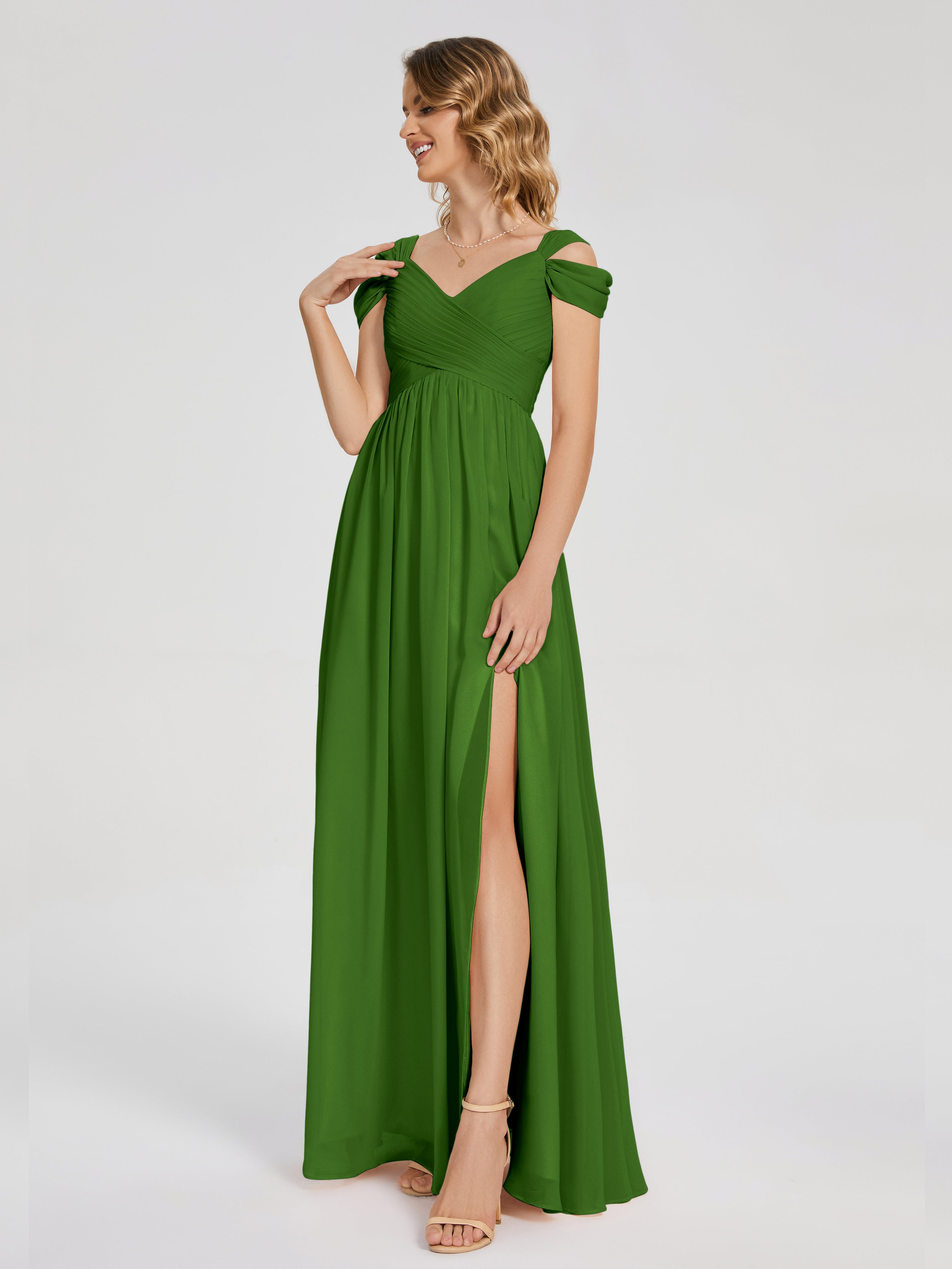 Robes De Demoiselle D'Honneur Vert Mousse Fendue Col V Dos En V Mousseline Robes Demoiselle D'Honneur