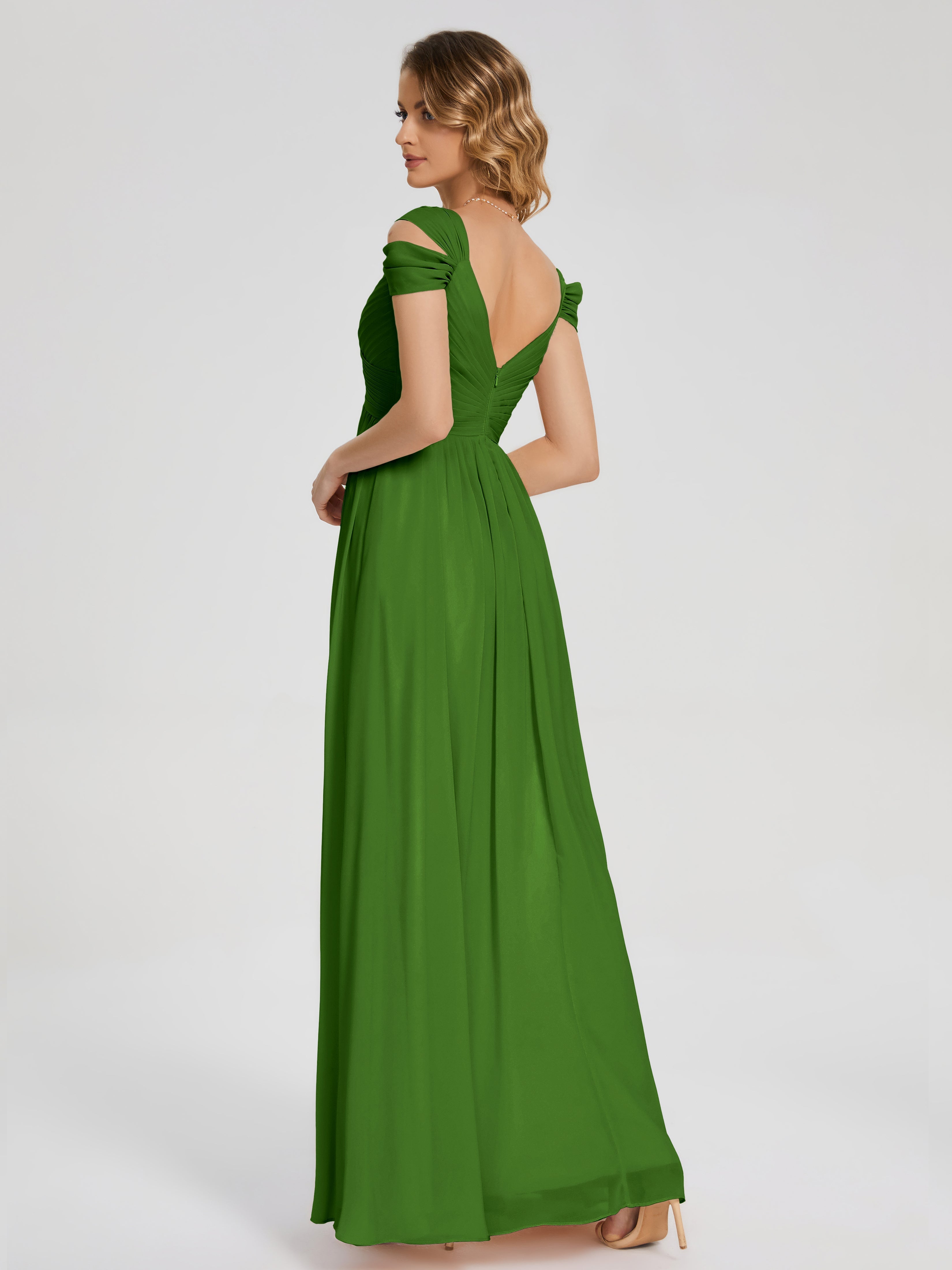 Robes De Demoiselle D'Honneur Vert Mousse Fendue Col V Dos En V Mousseline Robes Demoiselle D'Honneur