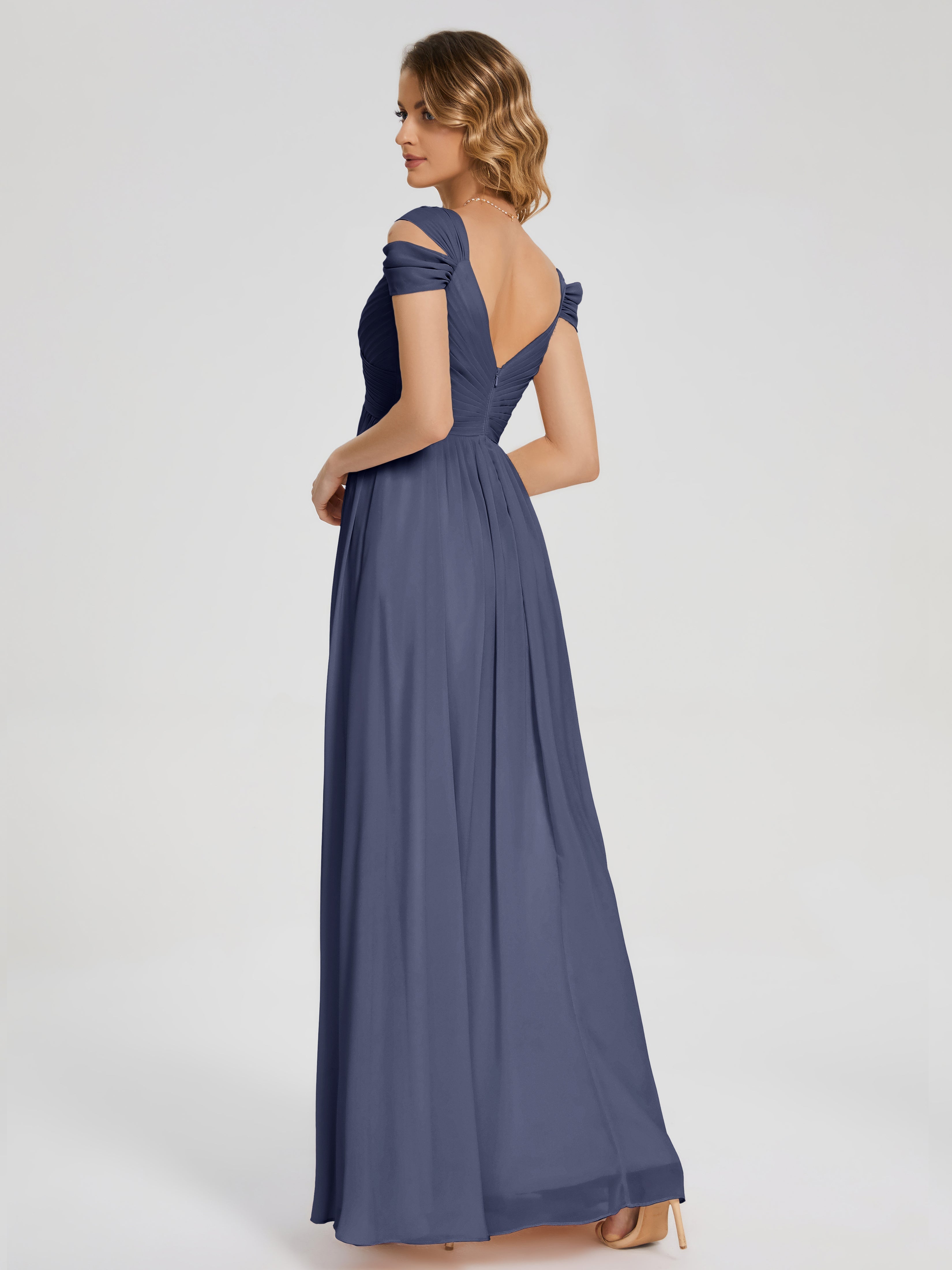 Robes De Demoiselle D'Honneur Bleu Orageux Fendue Col V Dos En V Mousseline Robes Demoiselle D'Honneur