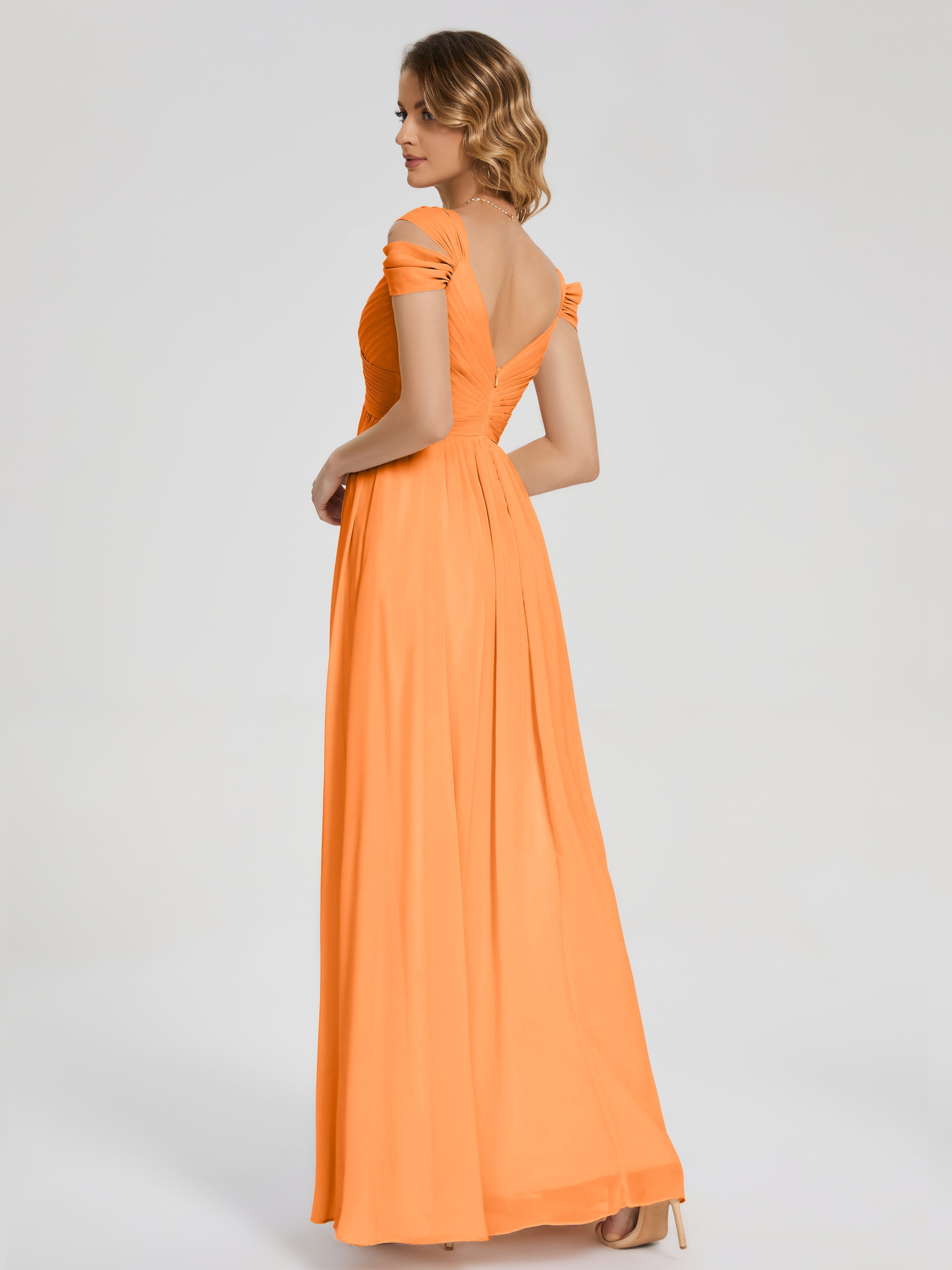Robe Demoiselle D Honneur Orange Fendue Col V Dos En V Mousseline Robes Demoiselle D'Honneur