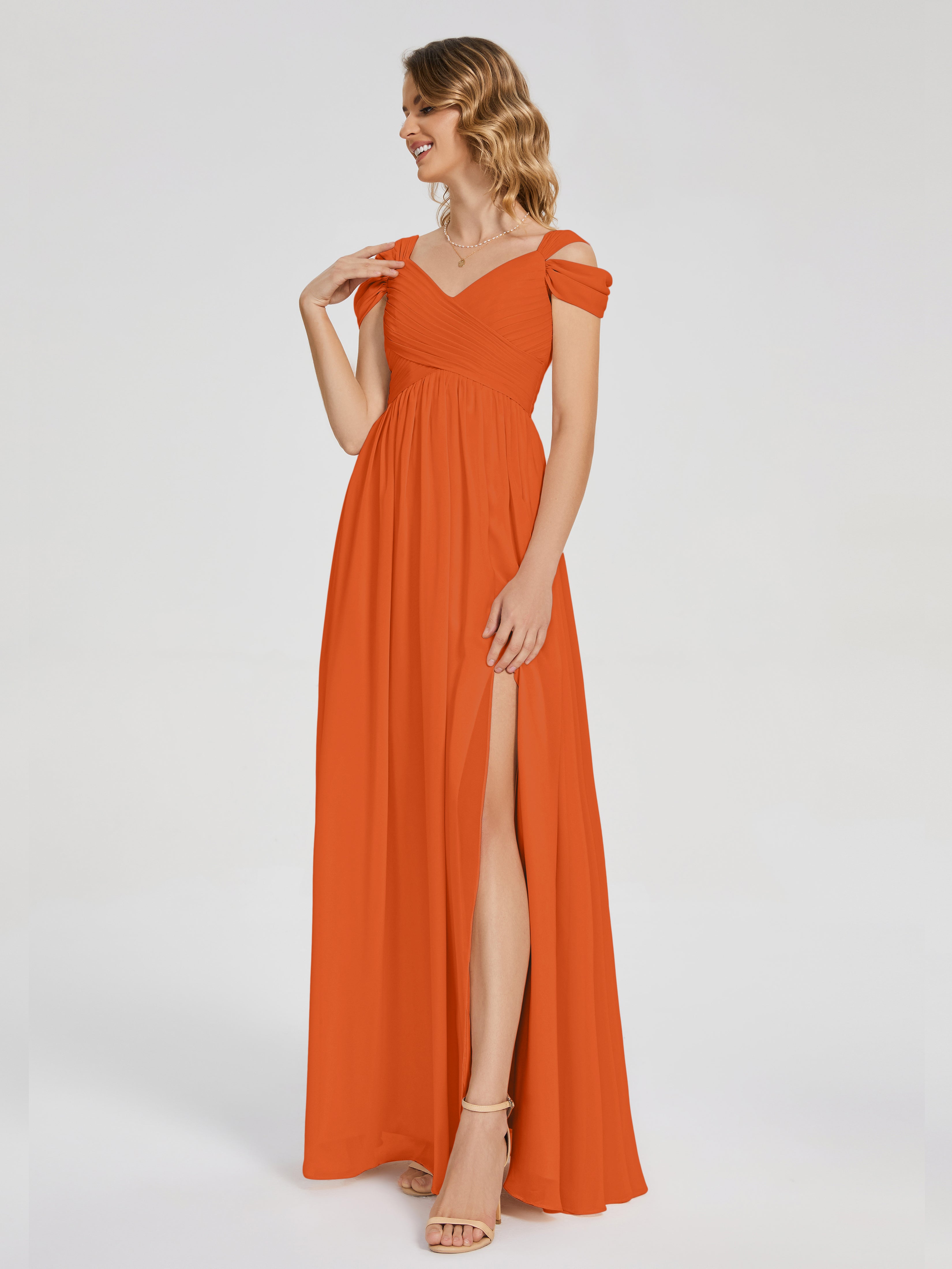 Robe Demoiselle D Honneur Orange Brulé Fendue Col V Dos En V Mousseline Robes Demoiselle D'Honneur