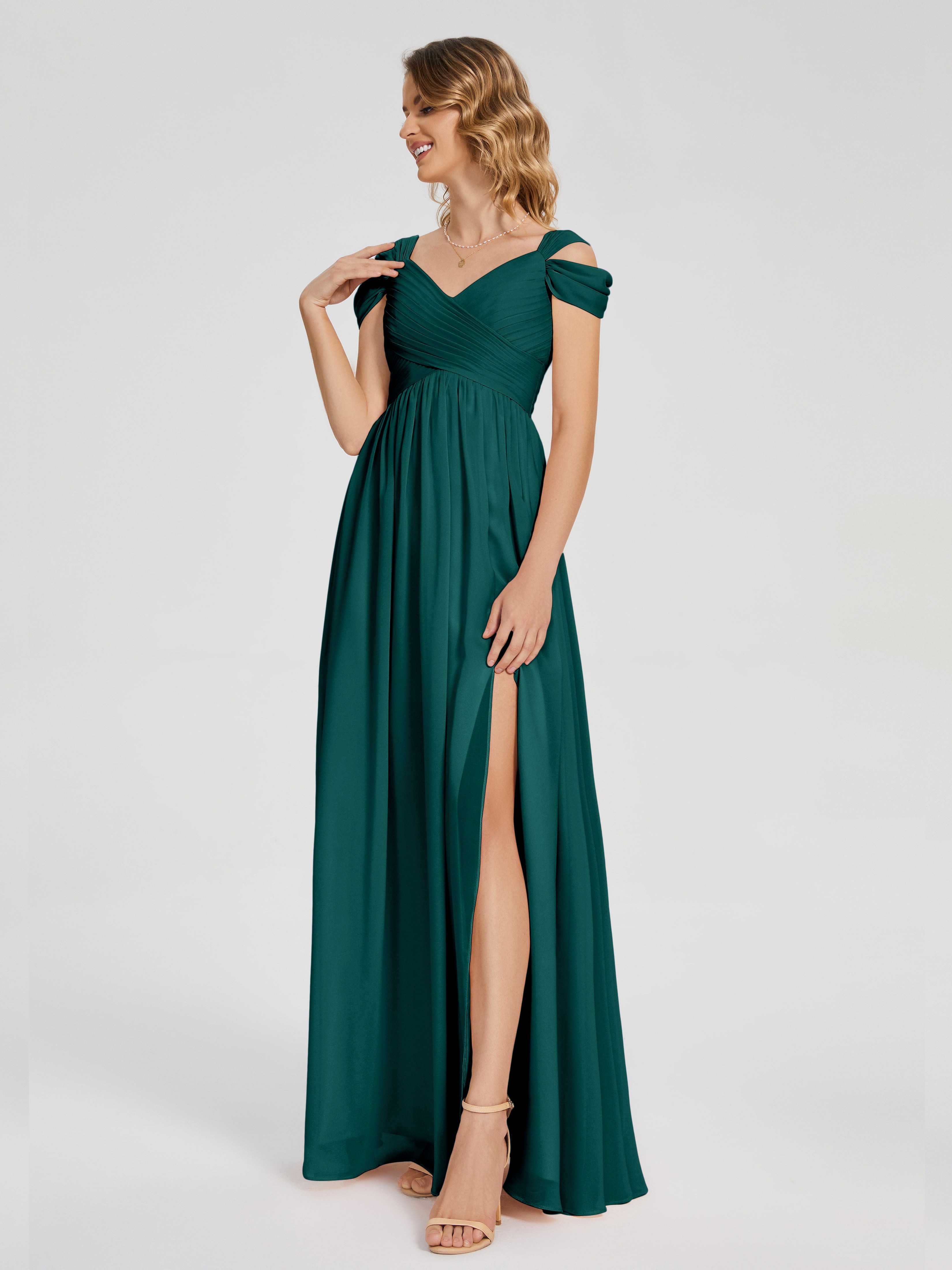 Robes De Demoiselle D'Honneur Paon Fendue Col V Dos En V Mousseline Robes Demoiselle D'Honneur