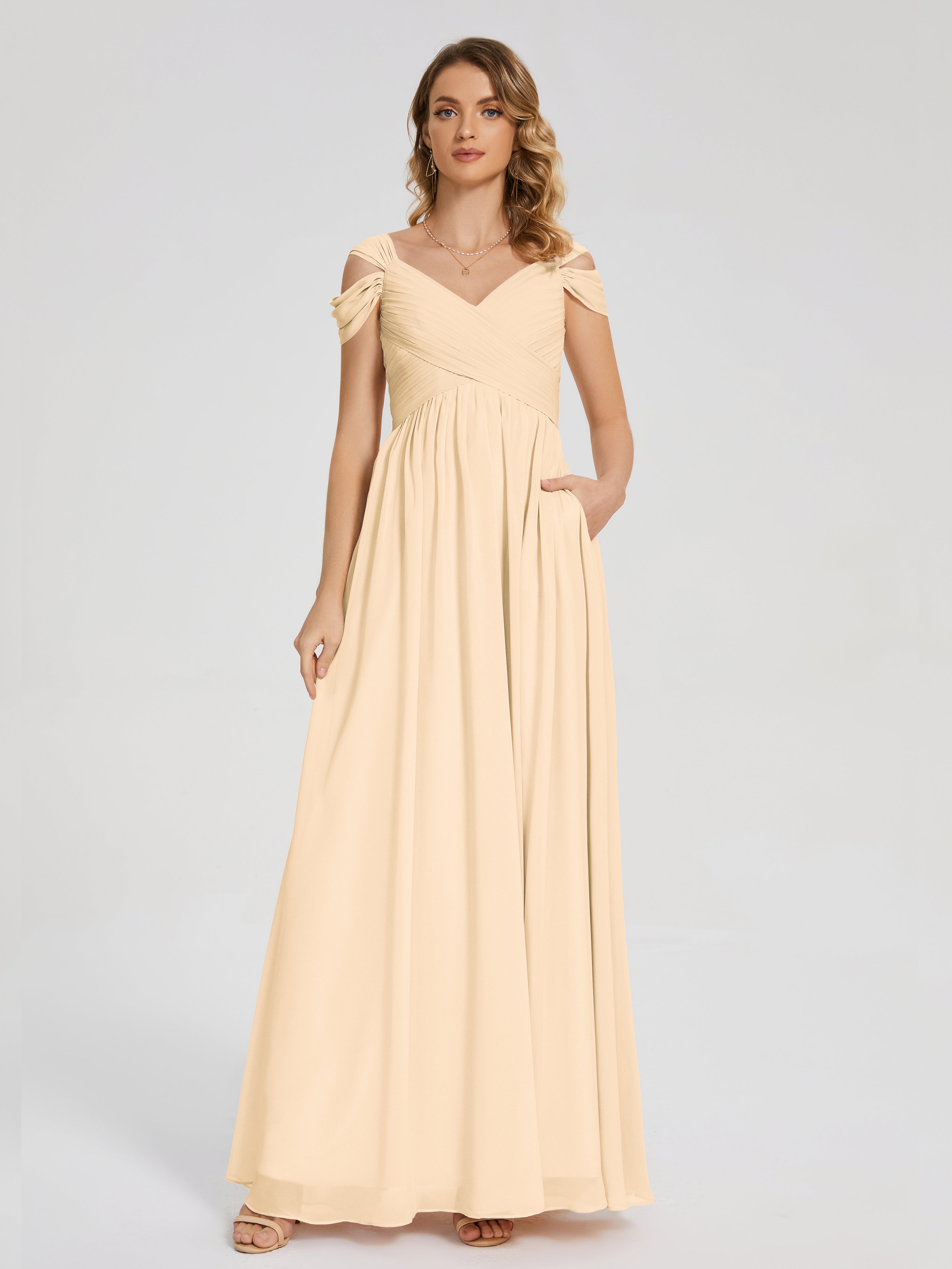 Robes De Demoiselle D'Honneur Rose Pêche Fendue Col V Dos En V Mousseline Robes Demoiselle D'Honneur