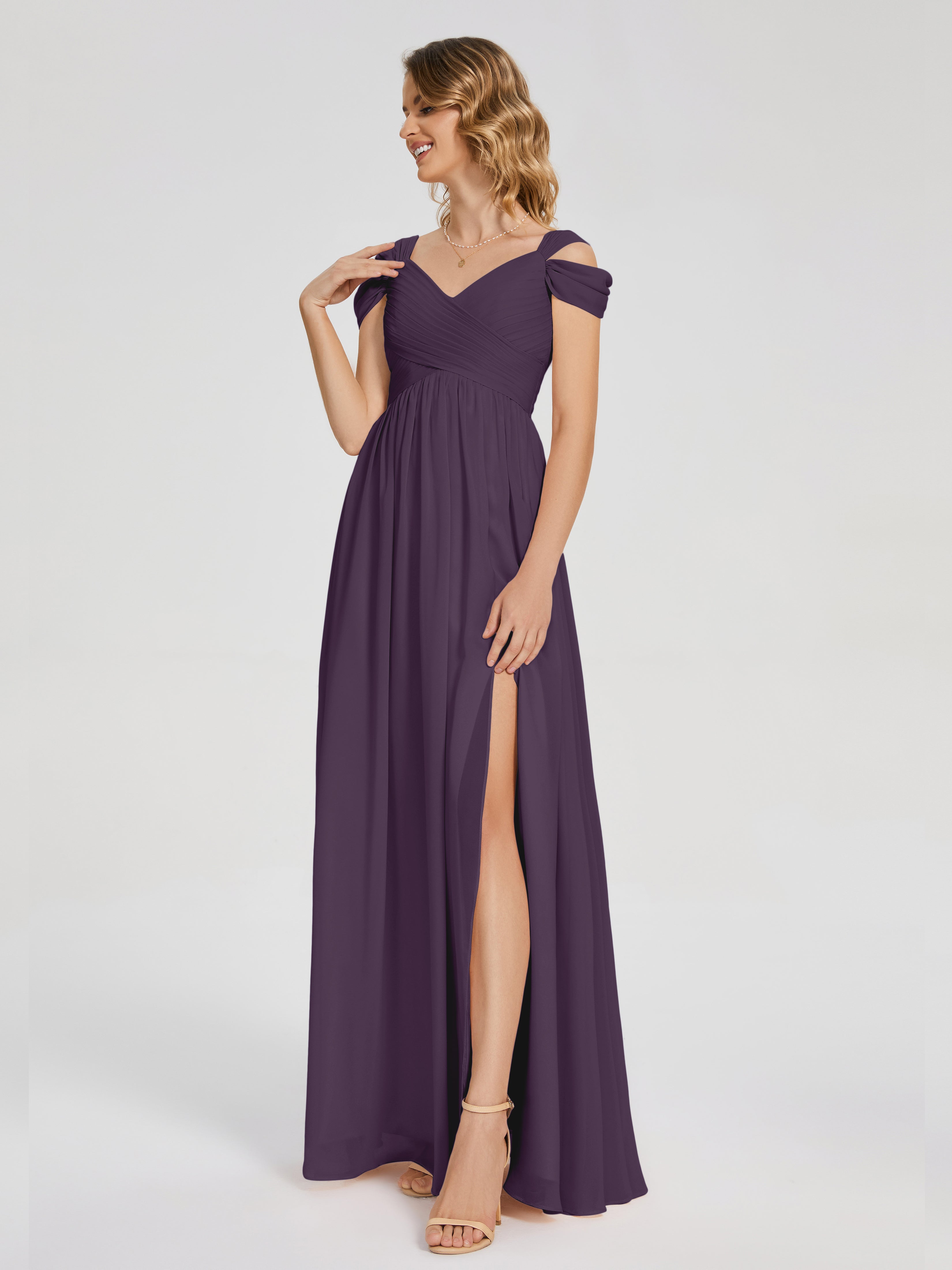 Robe De Demoiselle D'Honneur En Plum Fendue Col V Dos En V Mousseline Robes Demoiselle D'Honneur