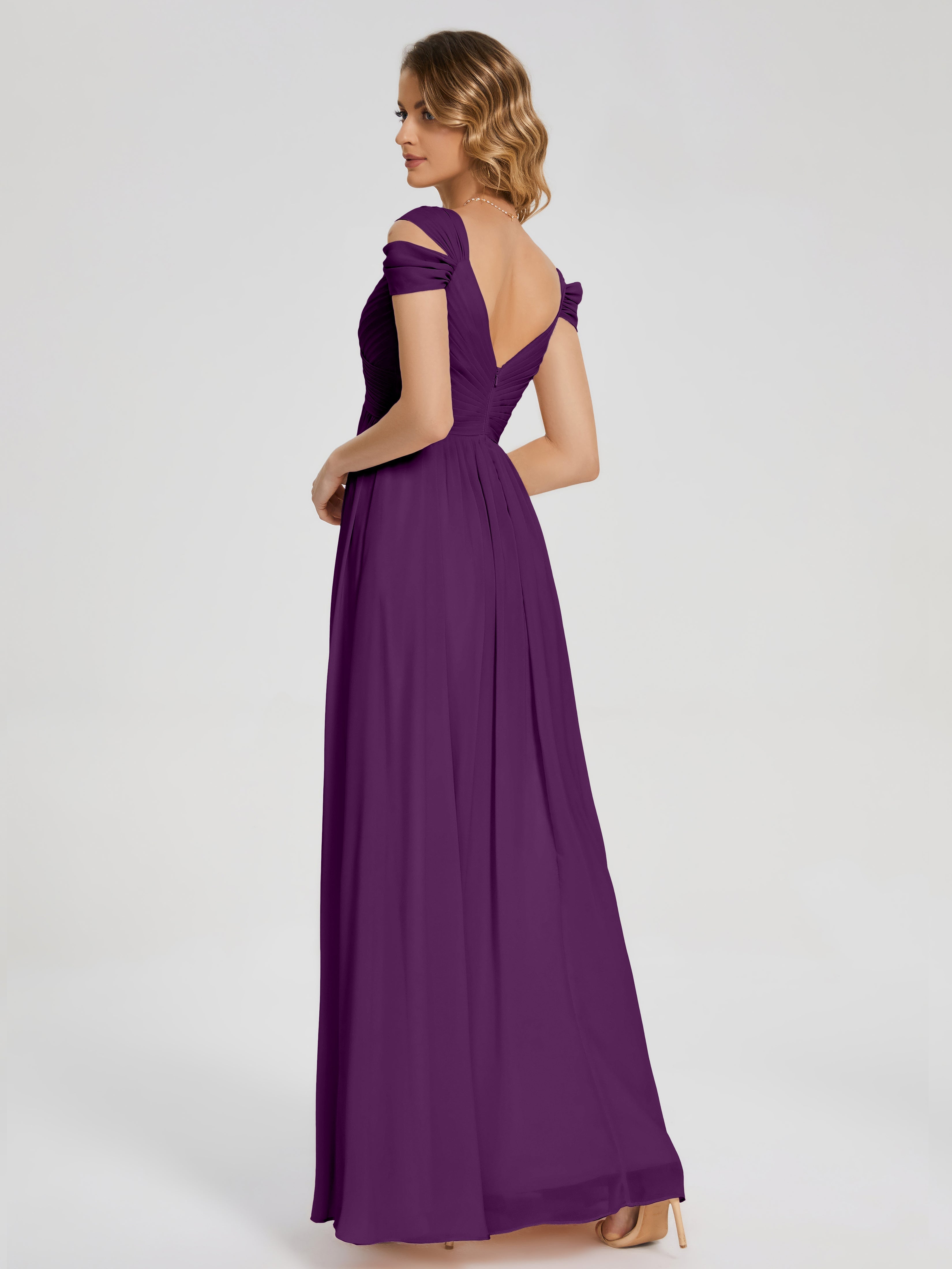 Robes De Demoiselle D'Honneur En Raisin Fendue Col V Dos En V Mousseline Robes Demoiselle D'Honneur