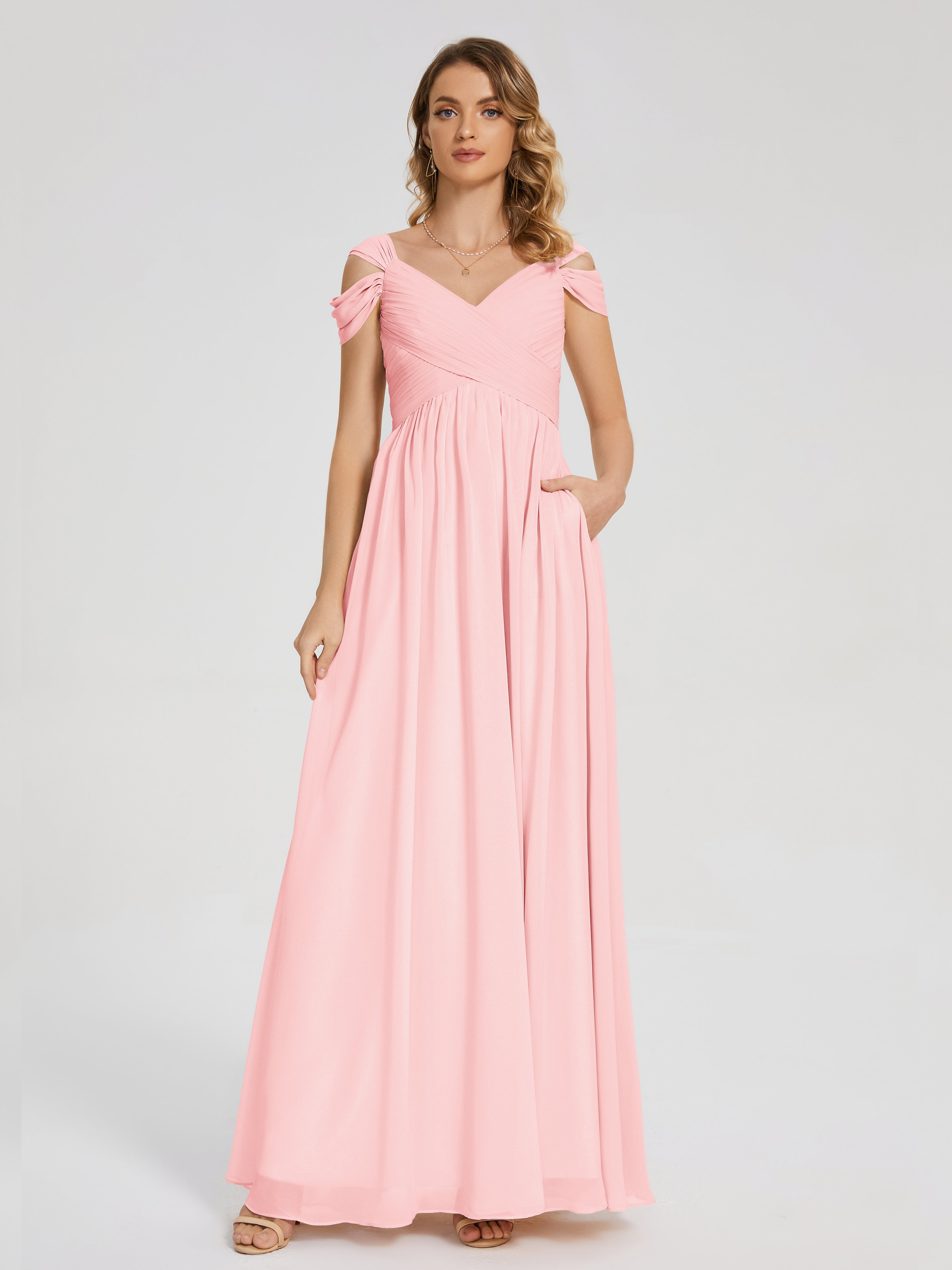 Robes De Demoiselle D'Honneur Roses Bon Marché Fendue Col V Dos En V Mousseline Robes Demoiselle D'Honneur