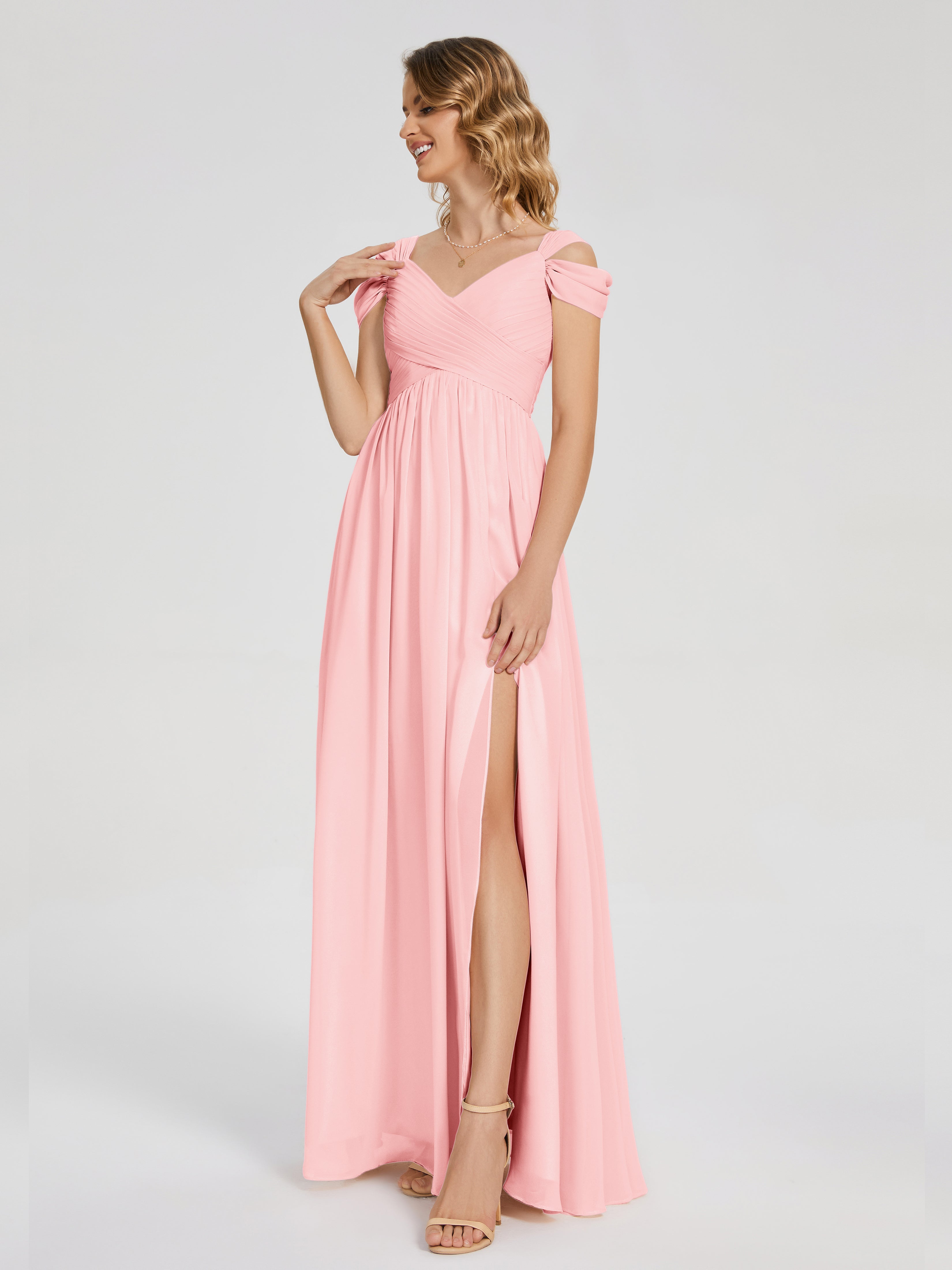 Robes De Demoiselle D'Honneur Roses Bon Marché Fendue Col V Dos En V Mousseline Robes Demoiselle D'Honneur