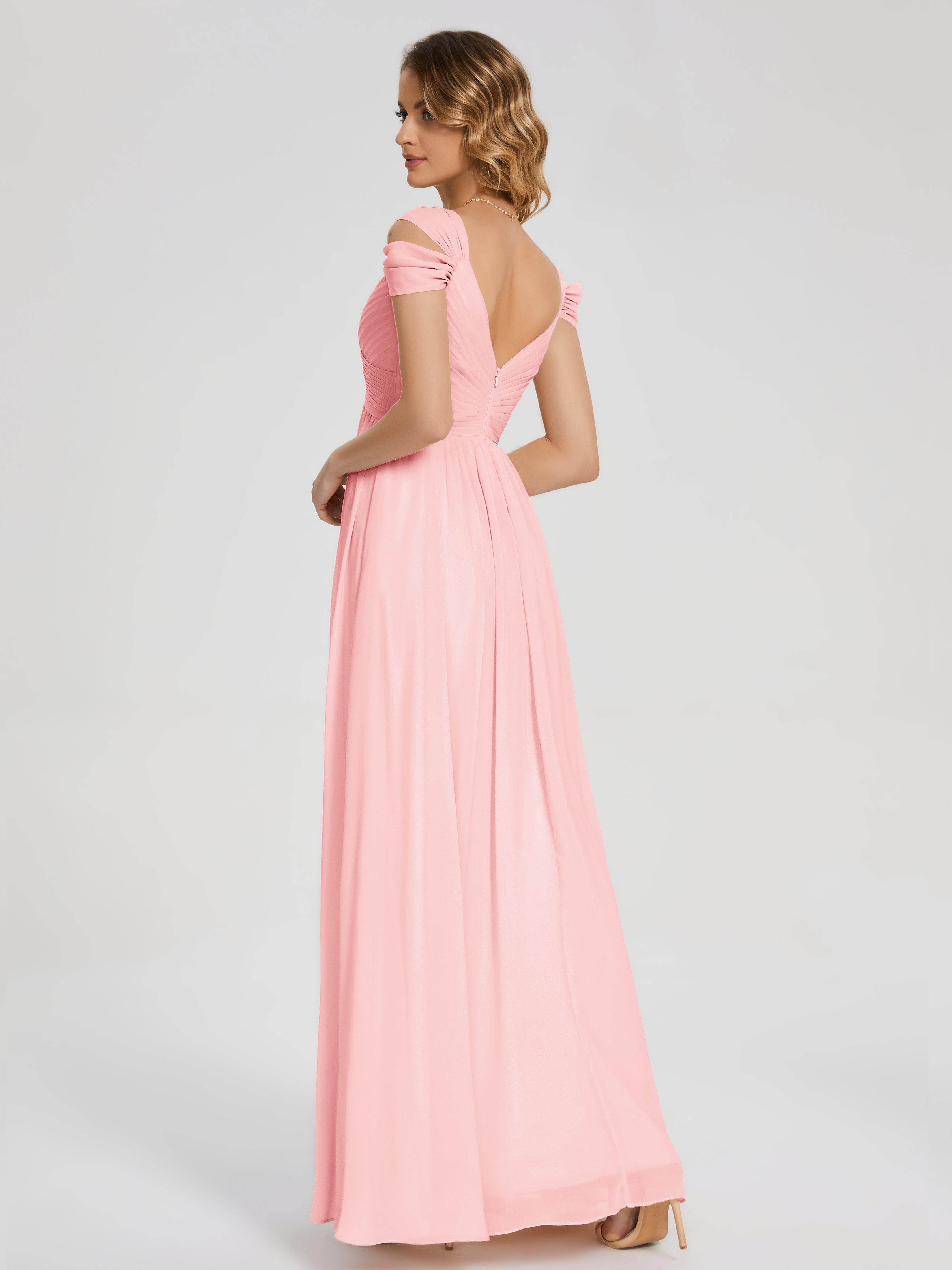 Robes De Demoiselle D'Honneur Roses Bon Marché Fendue Col V Dos En V Mousseline Robes Demoiselle D'Honneur