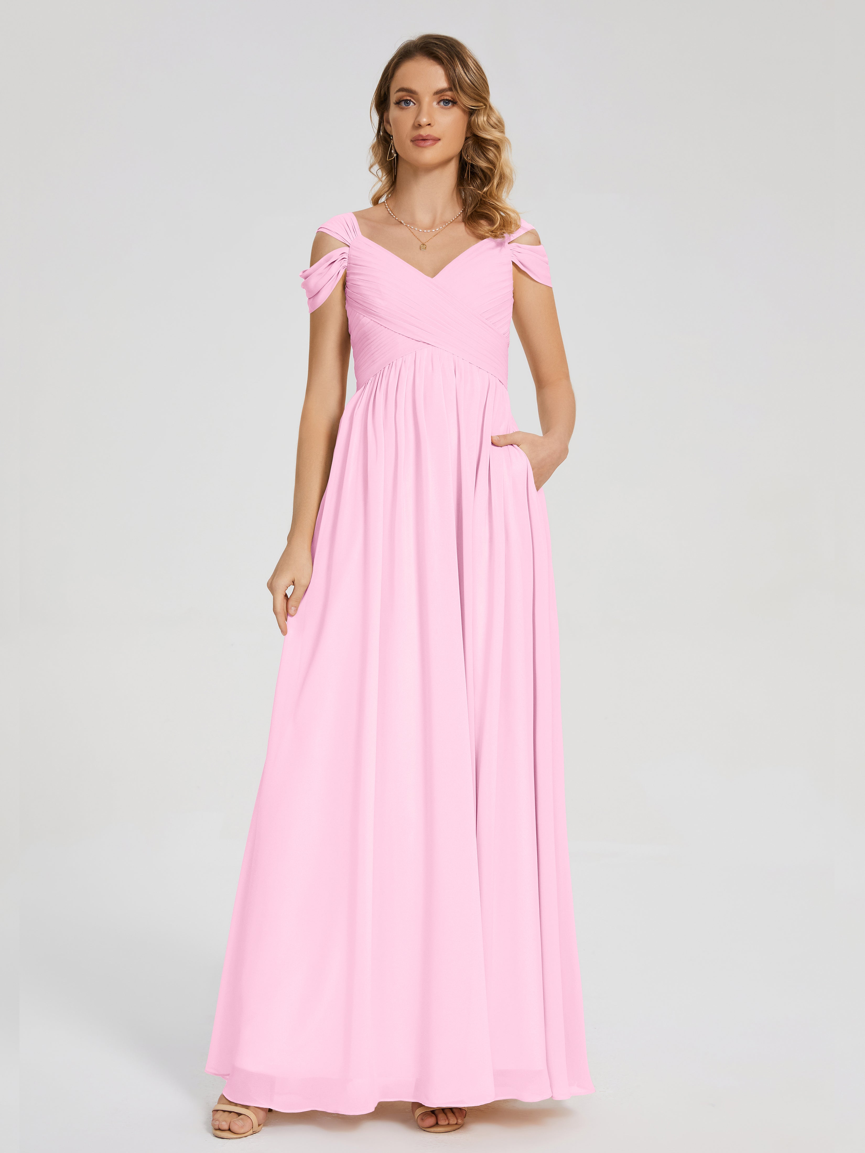 Robes De Demoiselle D'Honneur Rose Bonbon Fendue Col V Dos En V Mousseline Robes Demoiselle D'Honneur