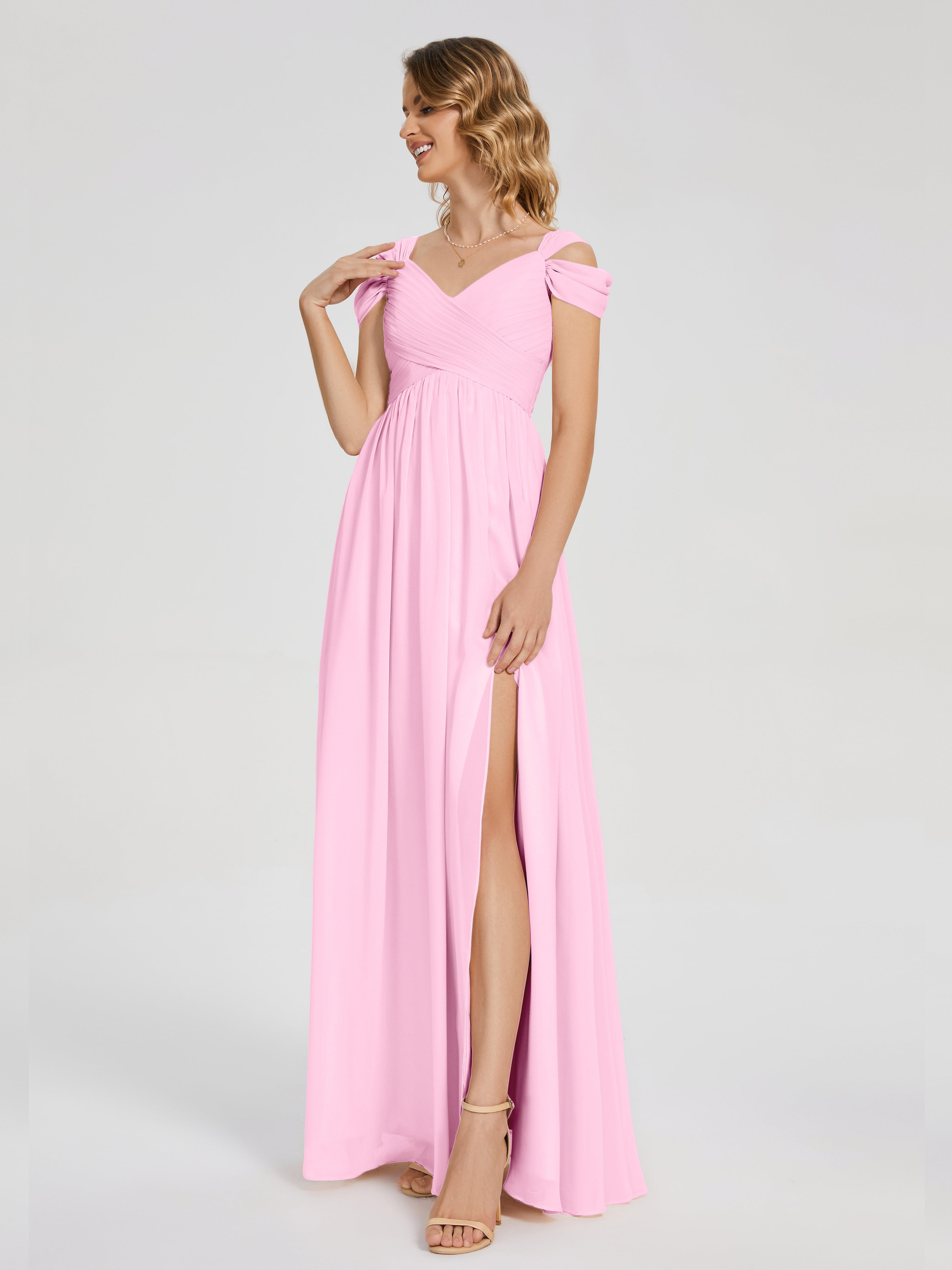 Robes De Demoiselle D'Honneur Rose Bonbon Fendue Col V Dos En V Mousseline Robes Demoiselle D'Honneur