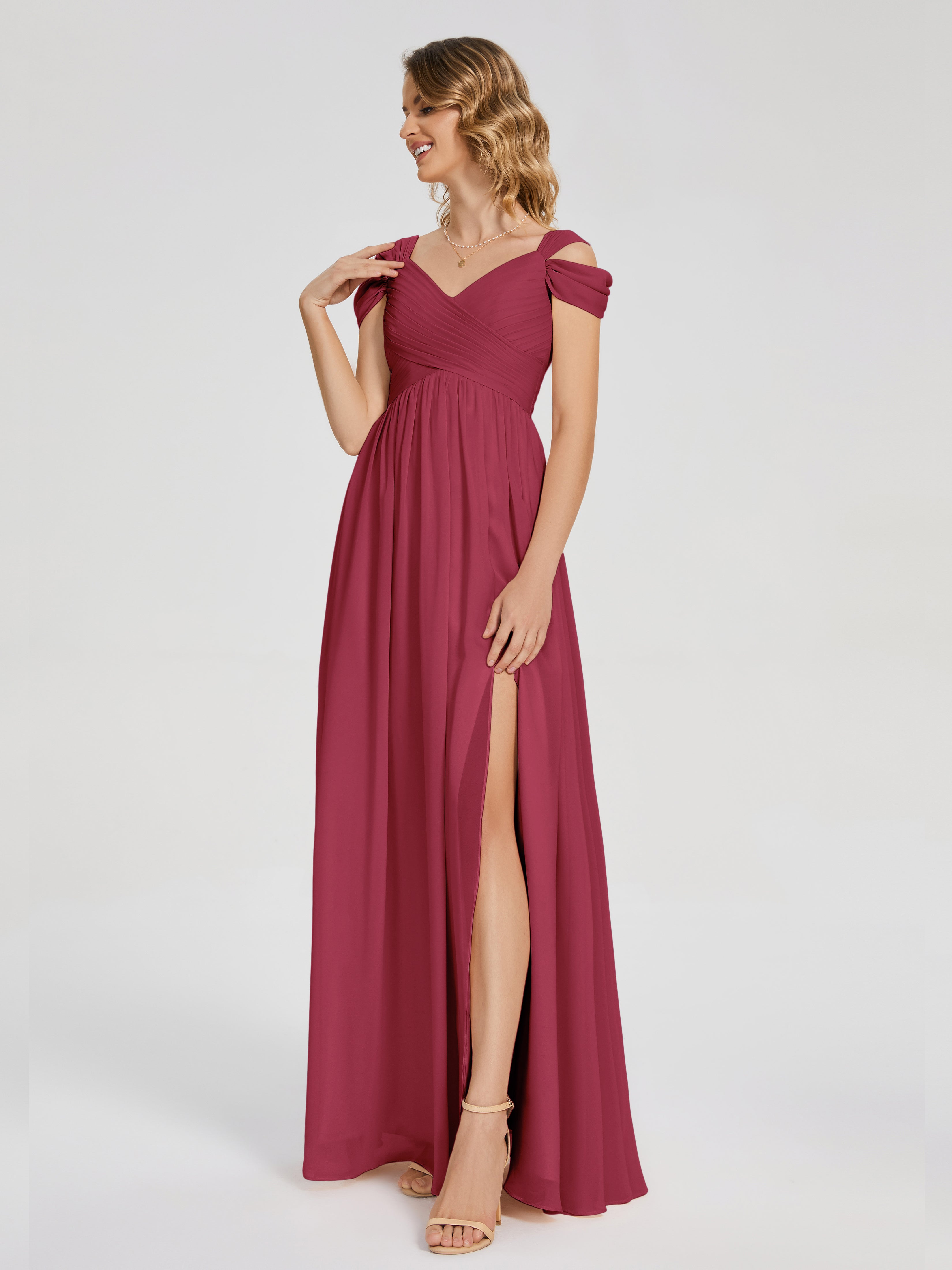Robe Demoiselle D Honneur Rose Cannelle Fendue Col V Dos En V Mousseline Robes Demoiselle D'Honneur