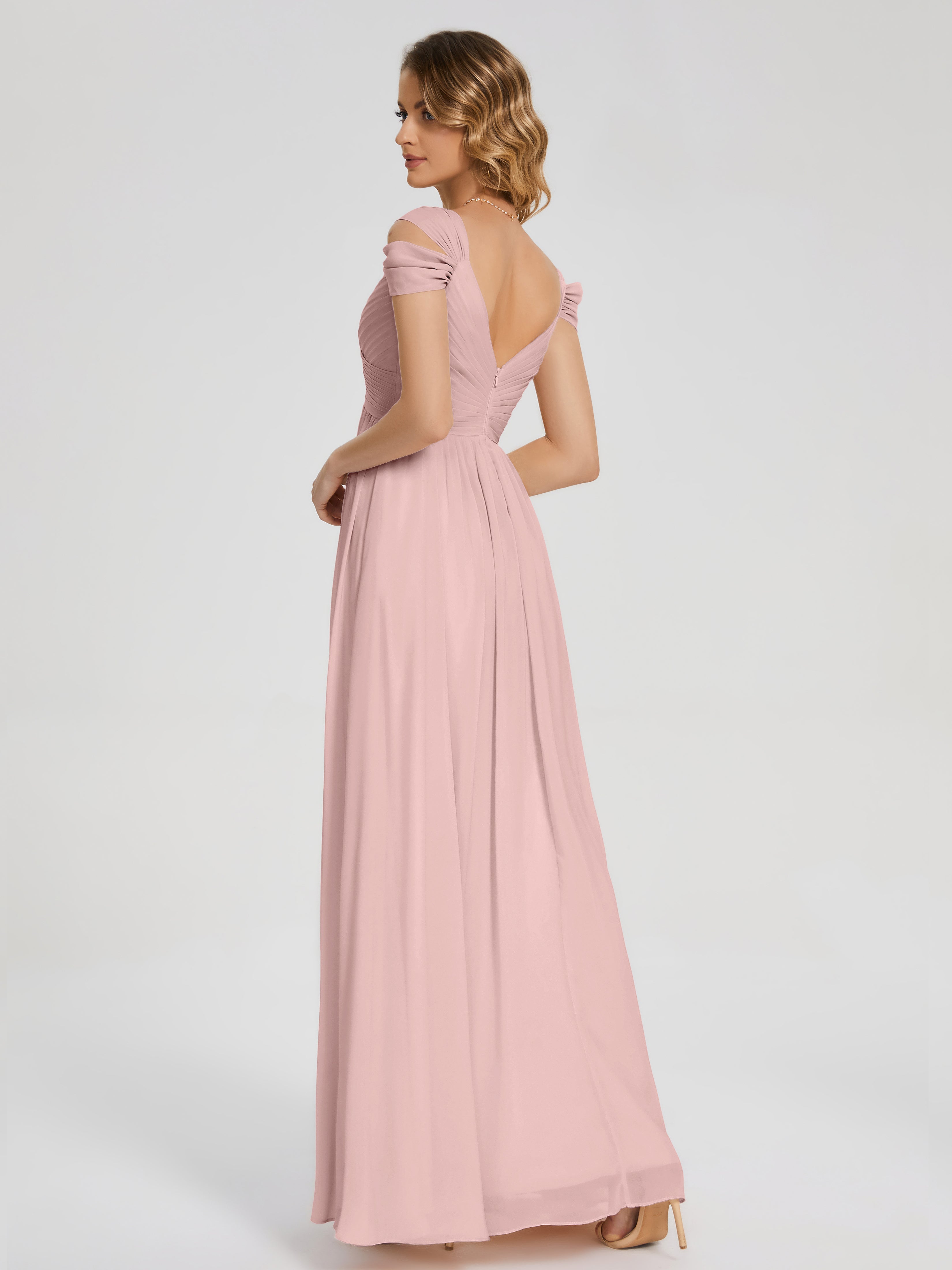 Robes De Demoiselle D'Honneur Couleur Rose Poudrée Fendue Col V Dos En V Mousseline Robes Demoiselle D'Honneur