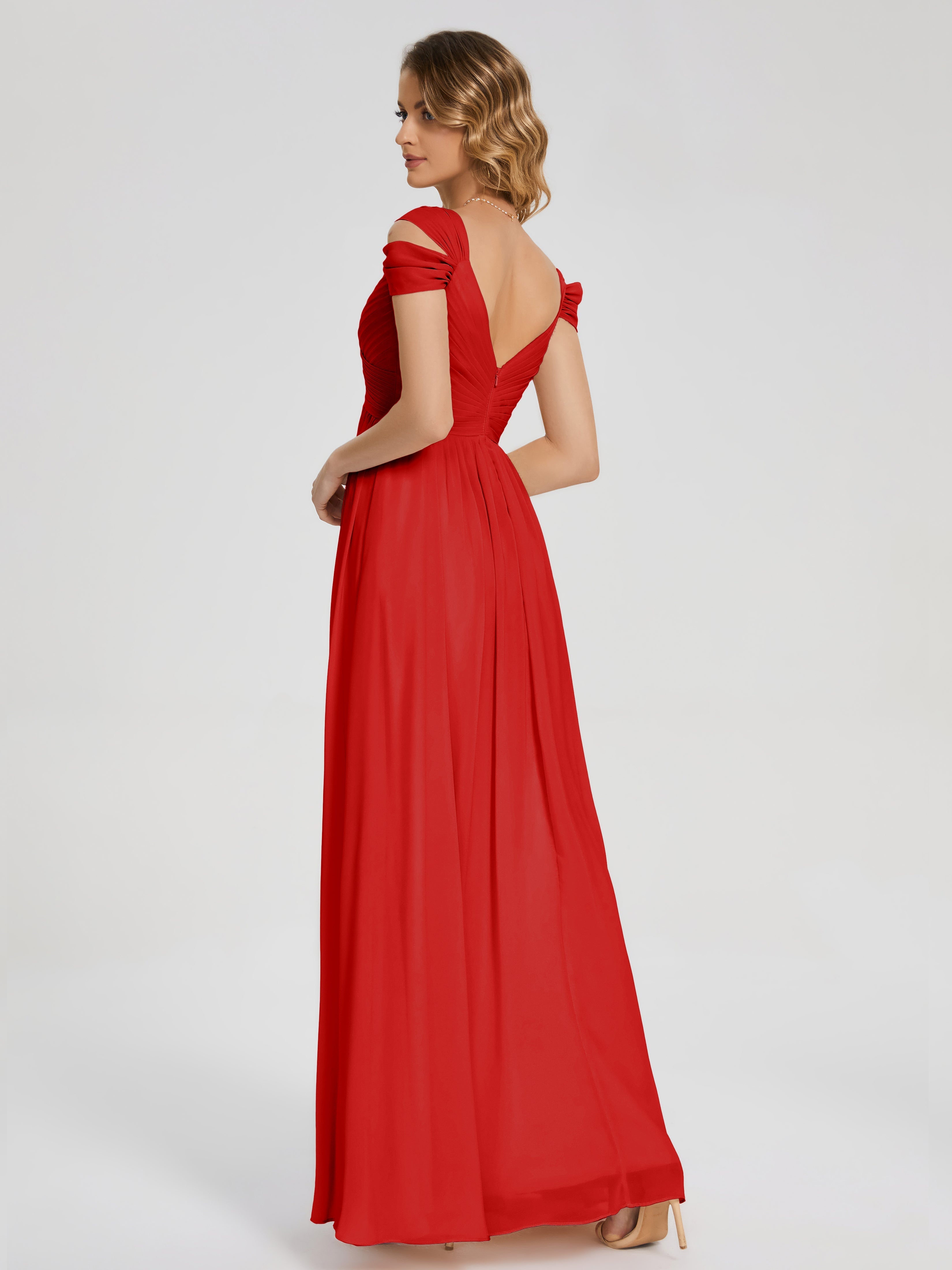 Robe De Demoiselle D Honneur Rouge Fendue Col V Dos En V Mousseline Robes Demoiselle D'Honneur
