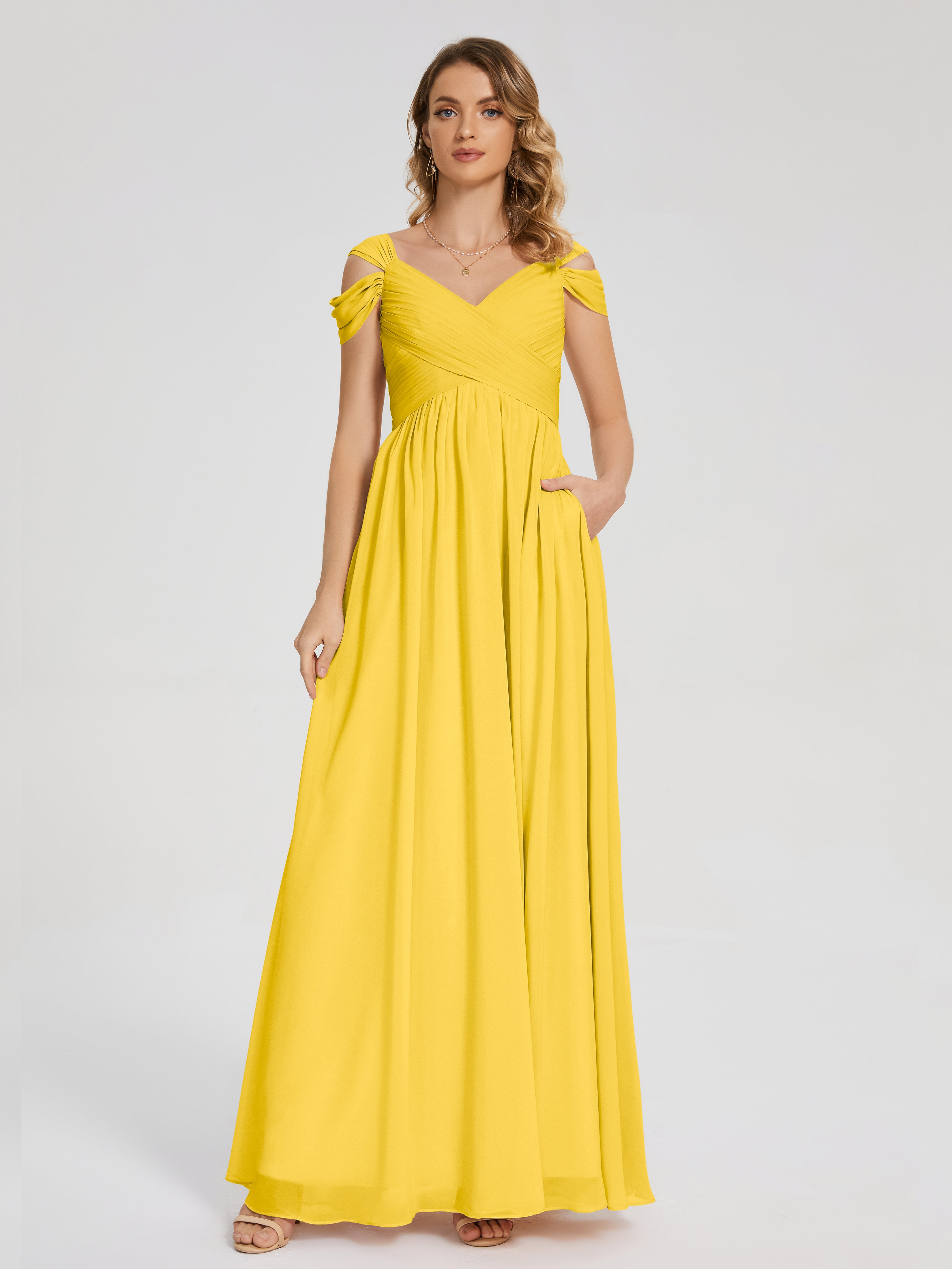Robe De Demoiselle D'Honneur Souci Fendue Col V Dos En V Mousseline Robes Demoiselle D'Honneur